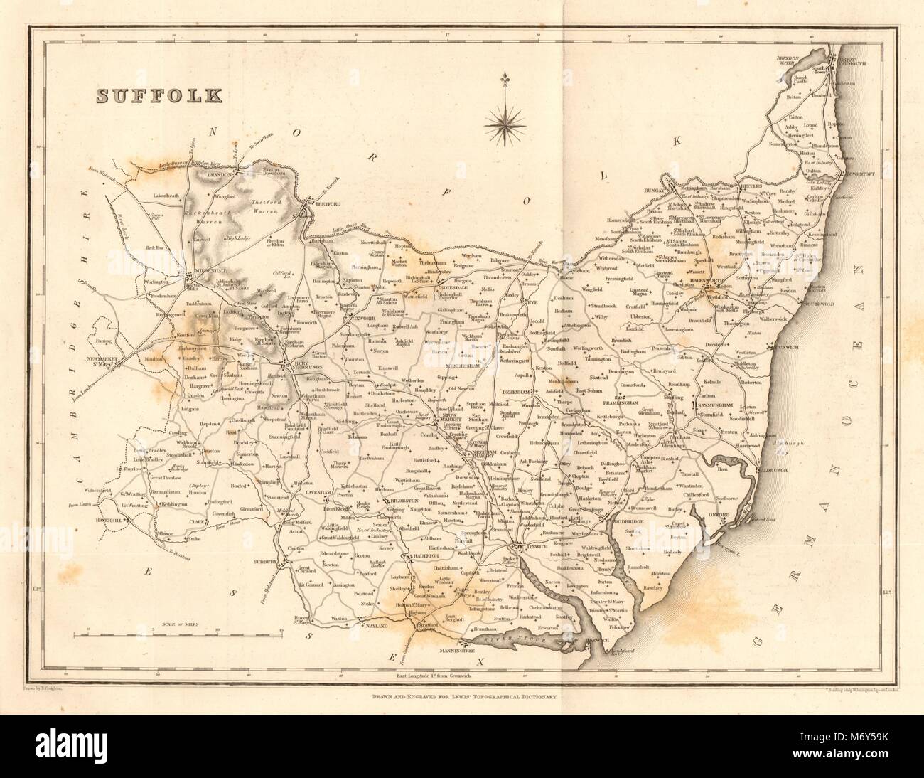 Carte du comté de Suffolk antique par Starling & Creighton pour Lewis c1840 old Banque D'Images
