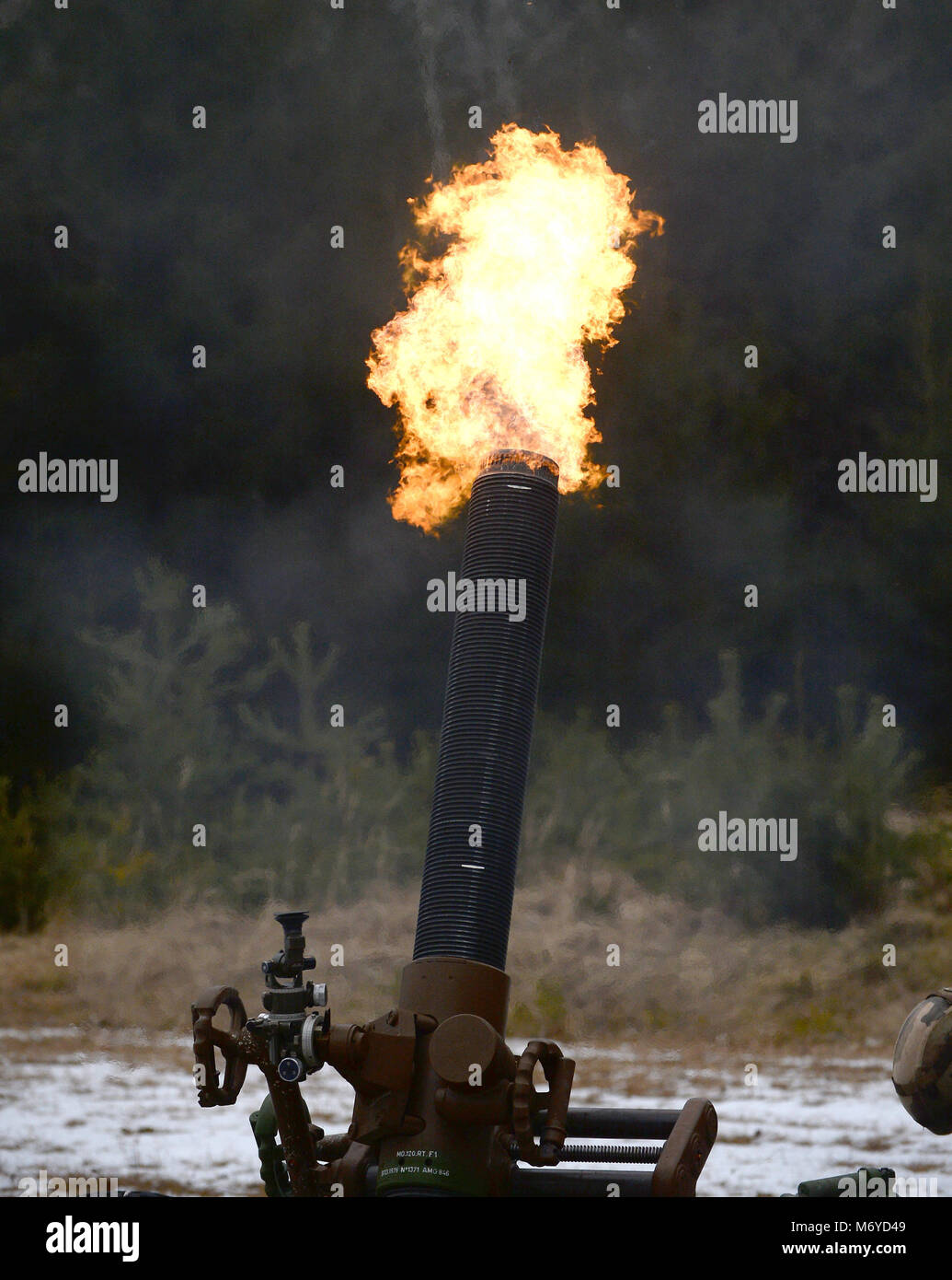 Équipes de Mortier français du 1er peloton, Compagnie 4, 68 Régiment d'artillerie de l'Afrique réaliser une mission de tir sur les tubes de mortier de 120 mm. Avant dynamiques exercice 18 comprend environ 3 700 participants de 26 nations à l'armée américaine Zone d'entraînement Grafenwoehr (Allemagne), 23 Février-mars 10, 2018. Avant dynamique est un rapport annuel de l'armée américaine l'Europe (USAREUR) exercice portait sur l'interopérabilité de l'armée américaine, service commun et pays allié d'artillerie et de l'appui feu dans un environnement multinational, théâtre de quartier général au niveau de l'identification des cibles d'équipes des canons tirant des cordons dans le domaine Photograp Banque D'Images