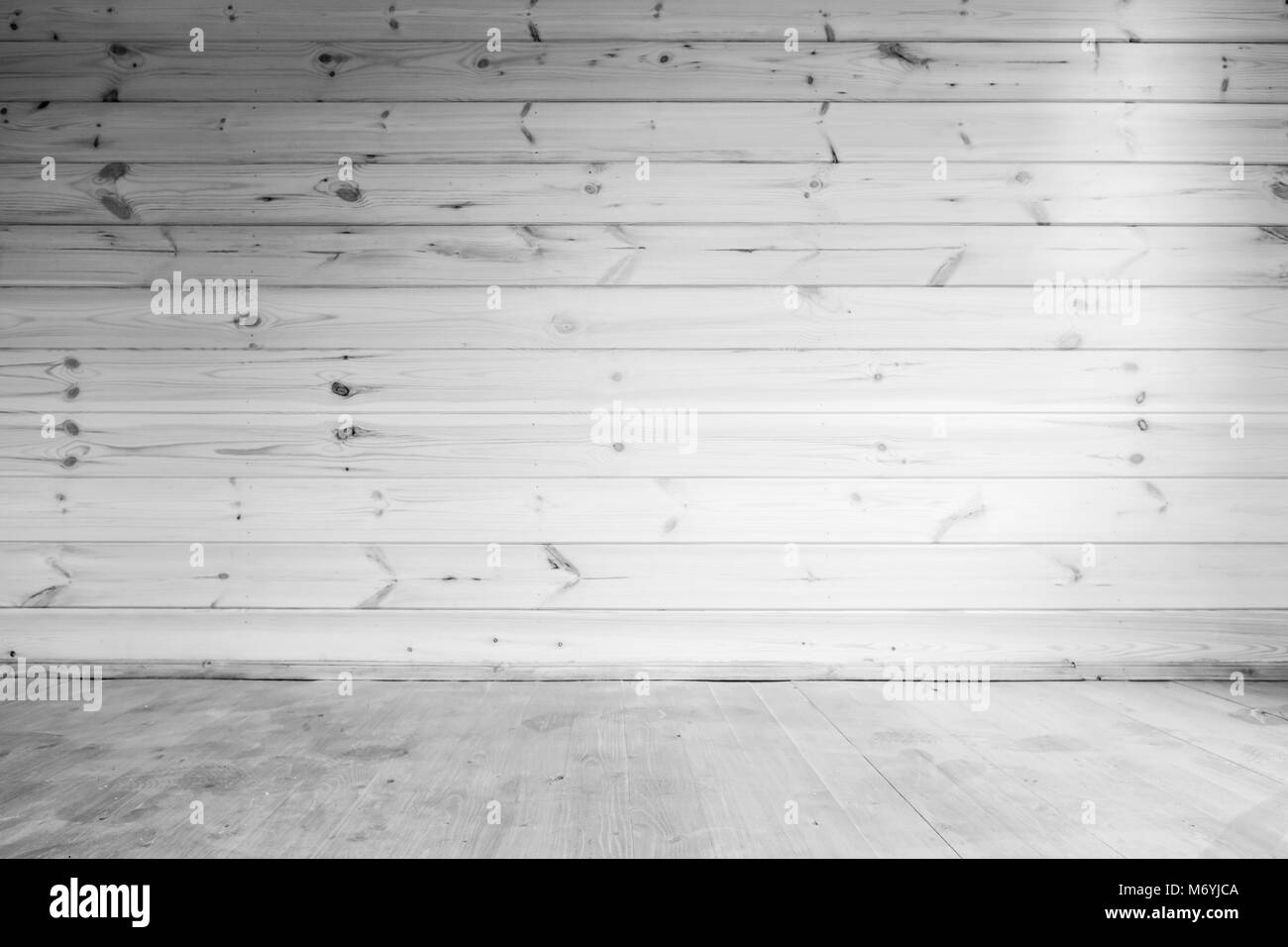 Mur en bois blanc et le plancher arrière-plan. Vide intérieur, vue frontale Banque D'Images