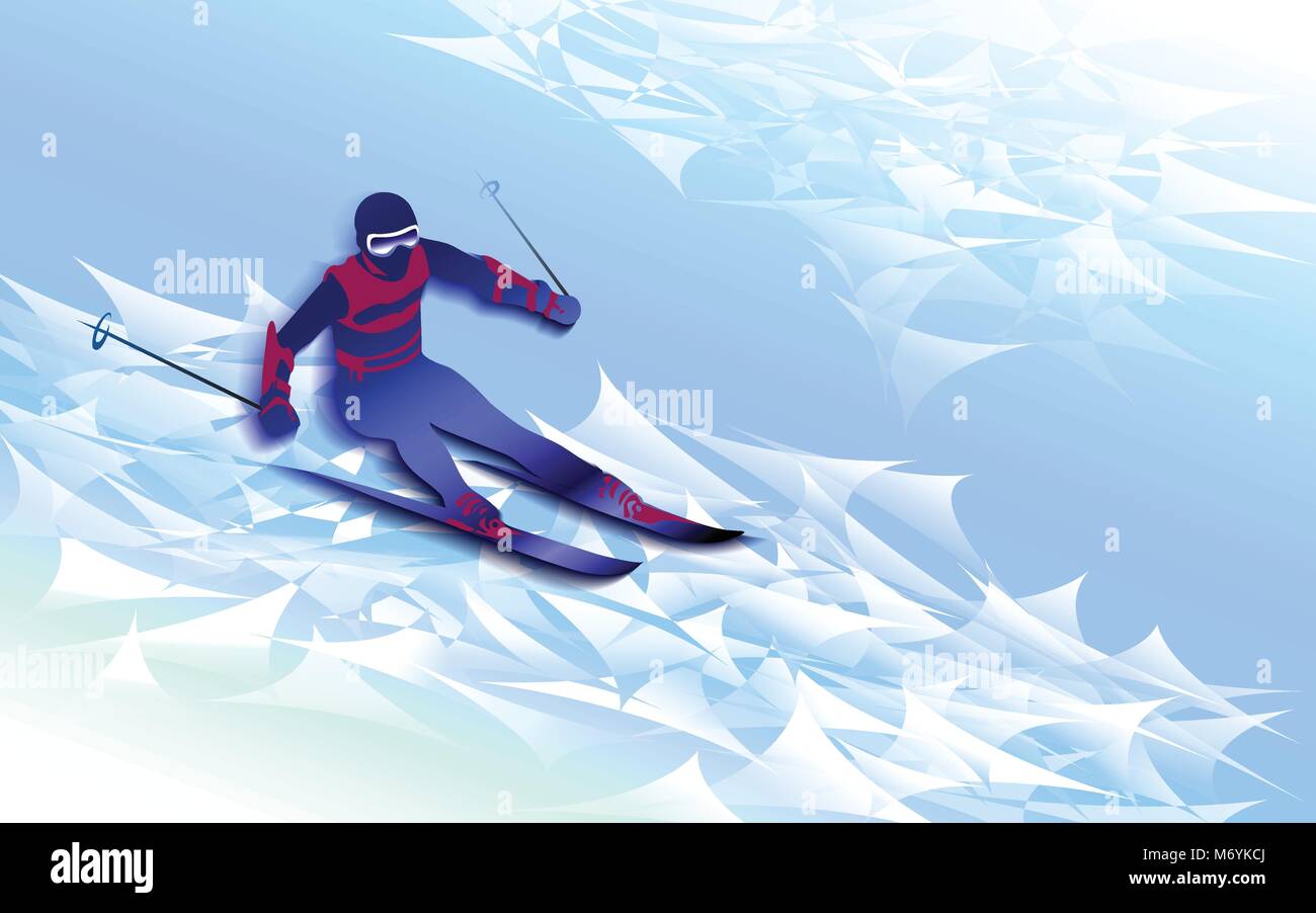 Sport d'hiver. Homme ski, le saut. Silhouette bleu du skieur Illustration de Vecteur