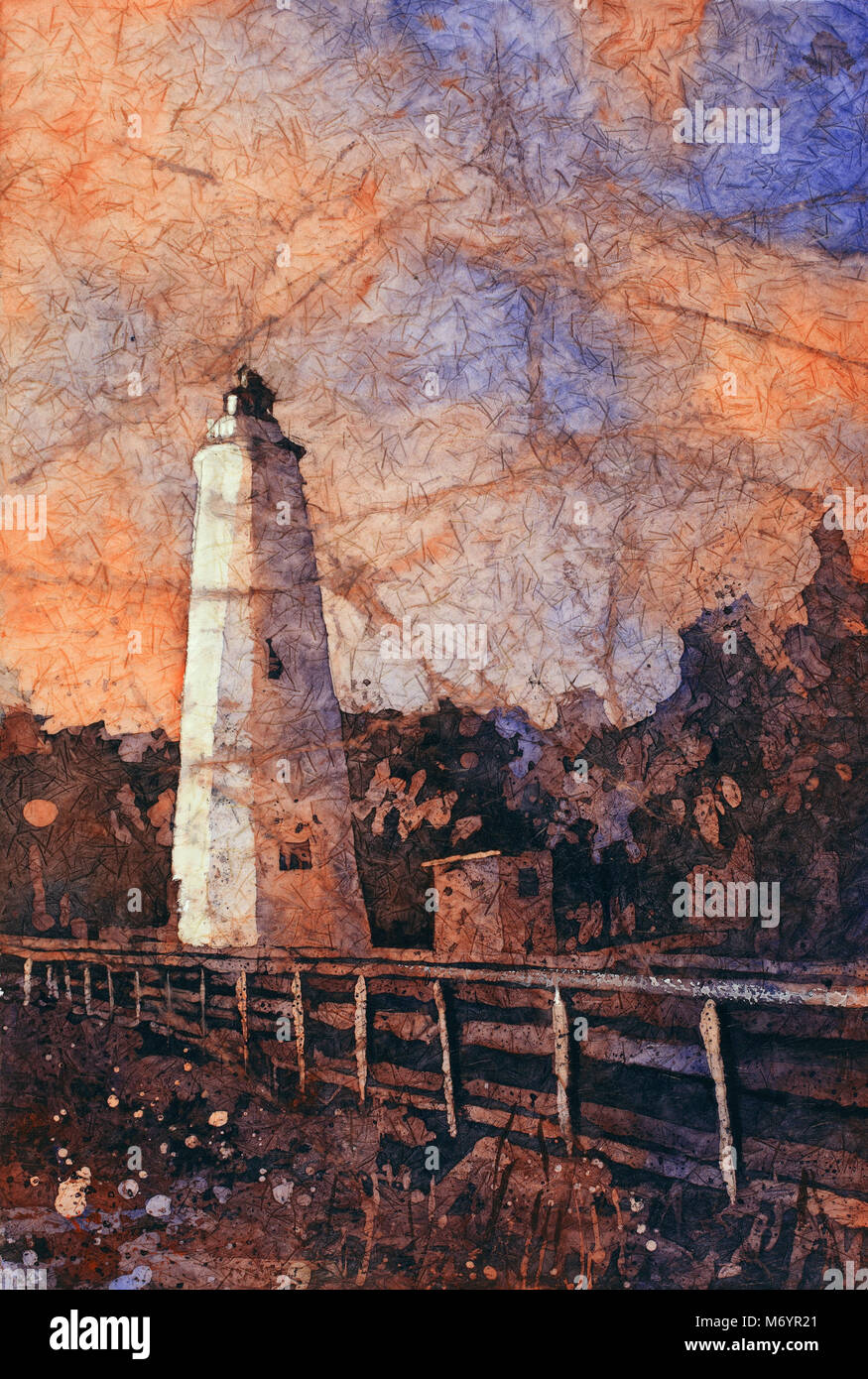 Fine art de l'aquarelle d'Ocracoke Island phare au coucher du soleil dans les Outer Banks (OBX) de Caroline du Nord - USA Banque D'Images