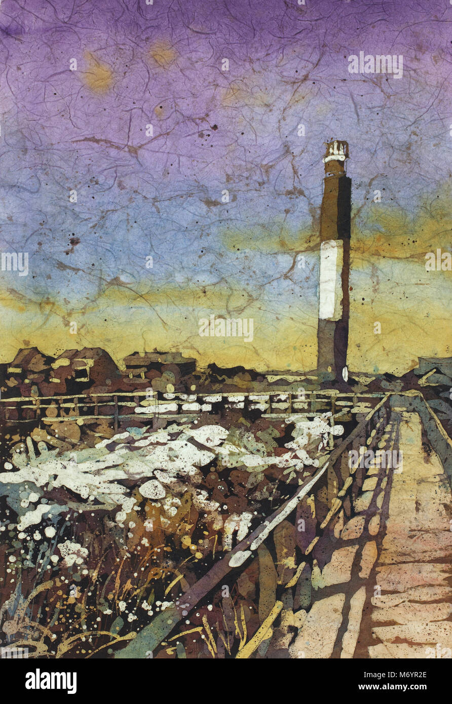 Oak Island Lighthouse. L'aquarelle la peinture batik de Oak Island Lighthouse en Caroline du Nord. Lighthouse OBX. Phare de la peinture. Banque D'Images