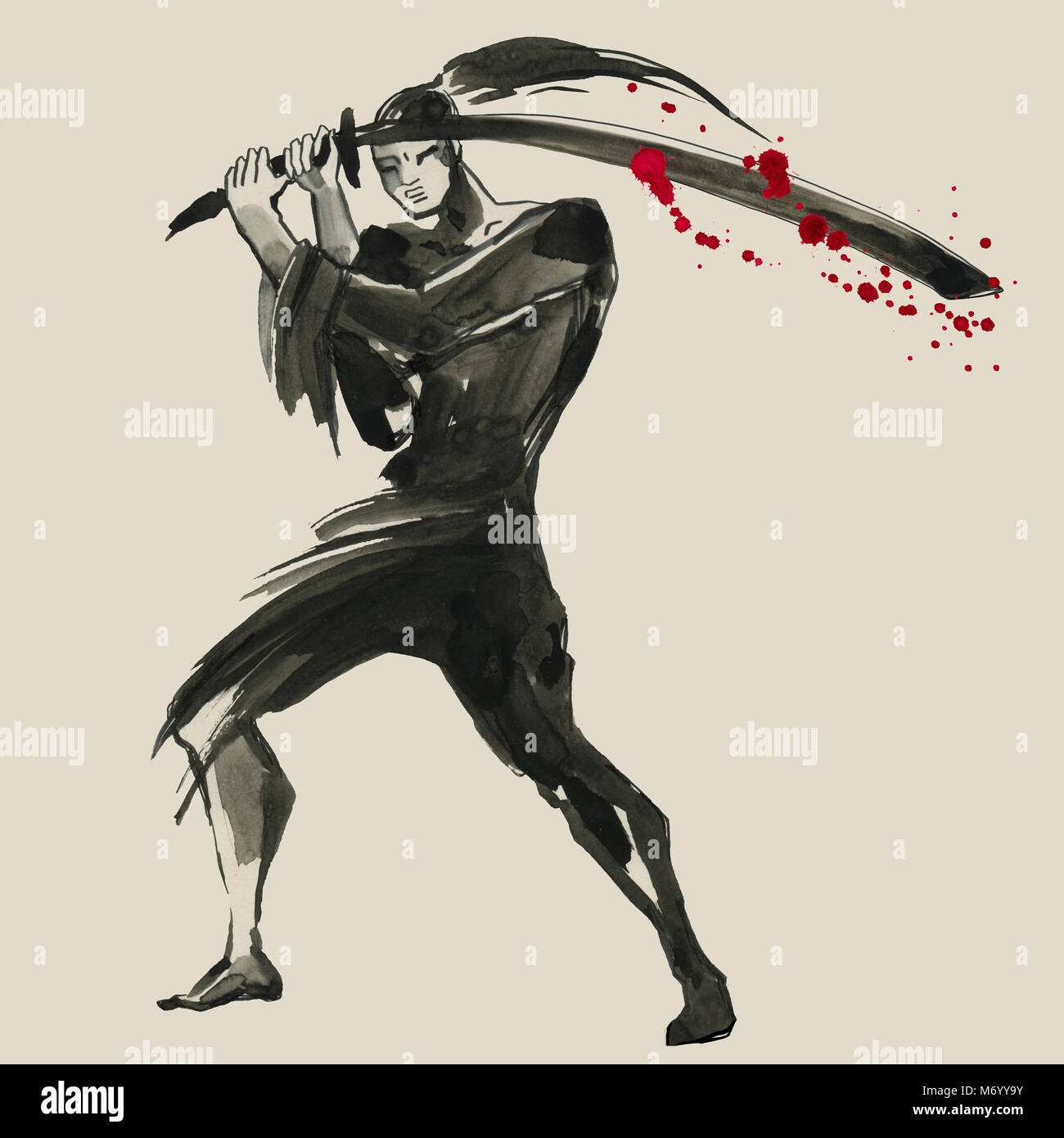 Silhouette samouraï. Style Chinois. Peinture à la main à l'Aquarelle illustration Banque D'Images