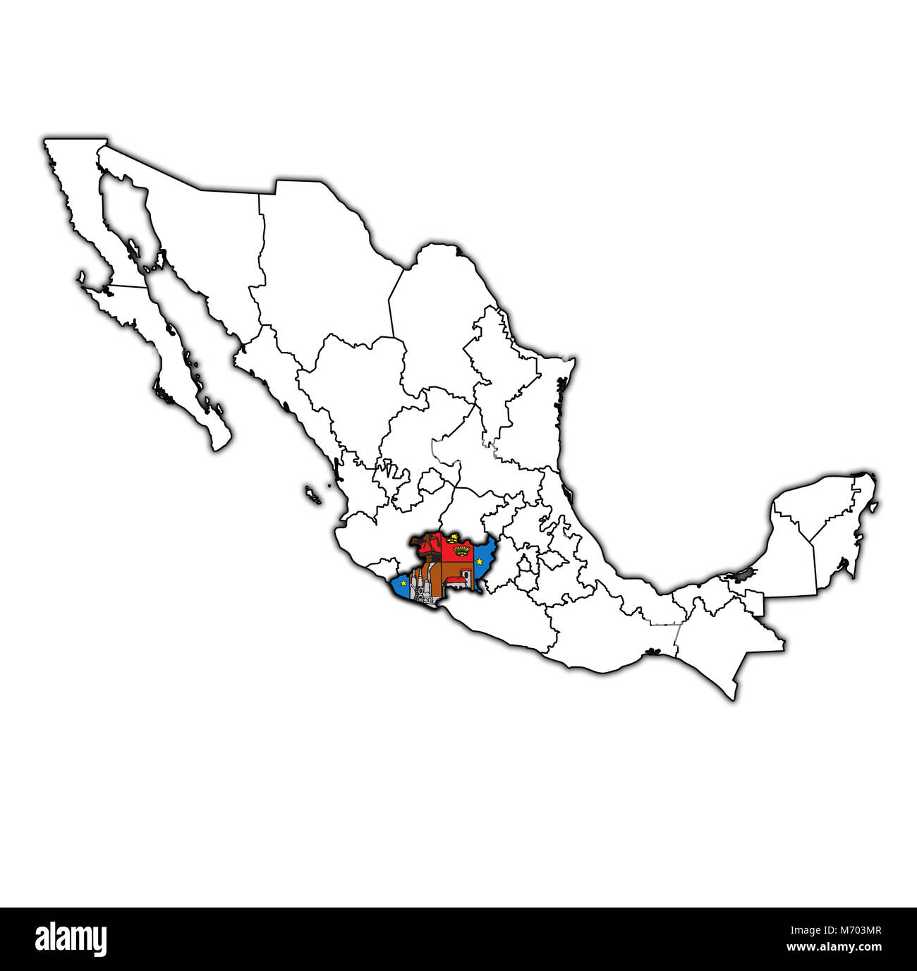L'emblème de l'état de Michoacan sur plan avec les divisions administratives et les frontières du Mexique Banque D'Images