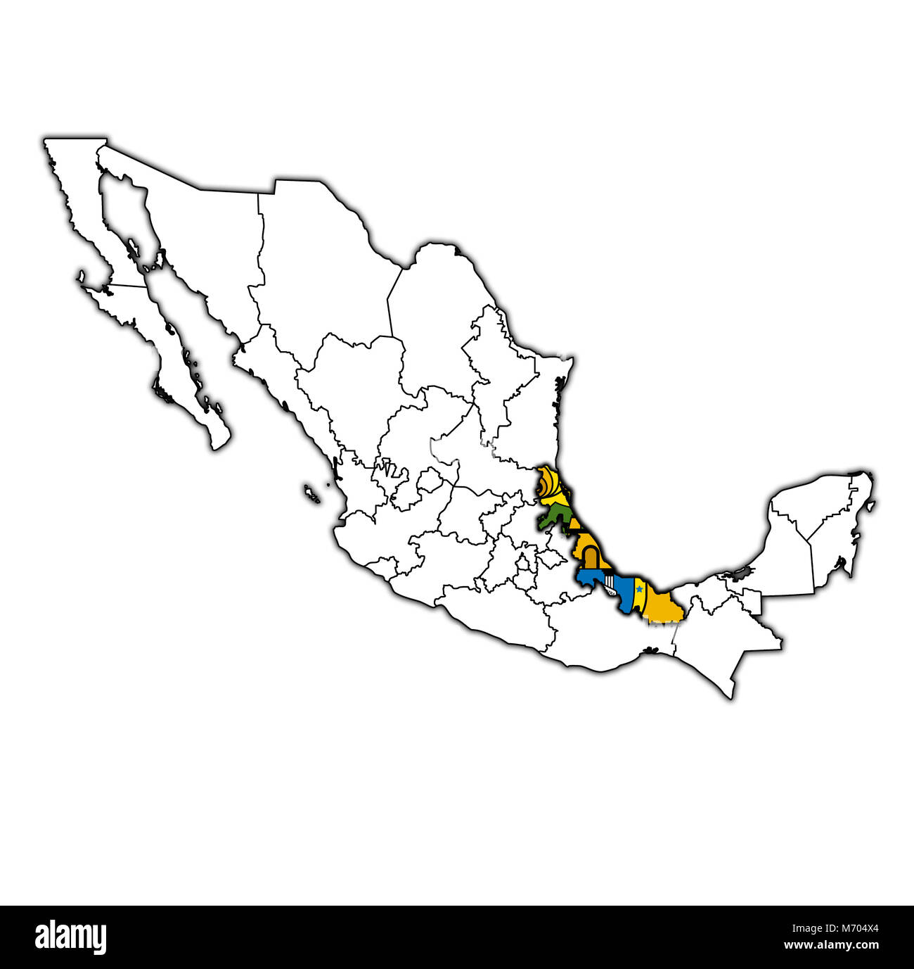 L'emblème de l'Etat de Veracruz sur la carte avec les divisions administratives et les frontières du Mexique Banque D'Images