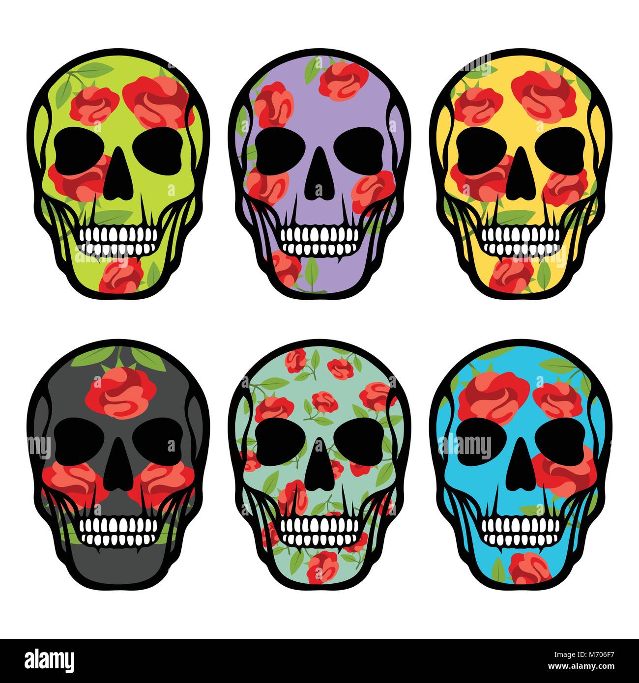 Ensemble de têtes de mort avec des fleurs Illustration de Vecteur