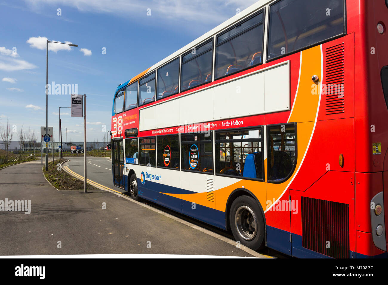 Stagecoach no. Service bus 38 stationné à la fin de sa route au nord de la Logistique et Distribution Business Park, Bolton. Banque D'Images