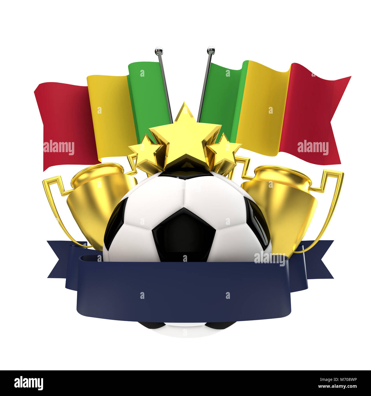 Mali football drapeau emblème gagnants avec trophée, étoile, ballon et ruban. Le Rendu 3D Banque D'Images