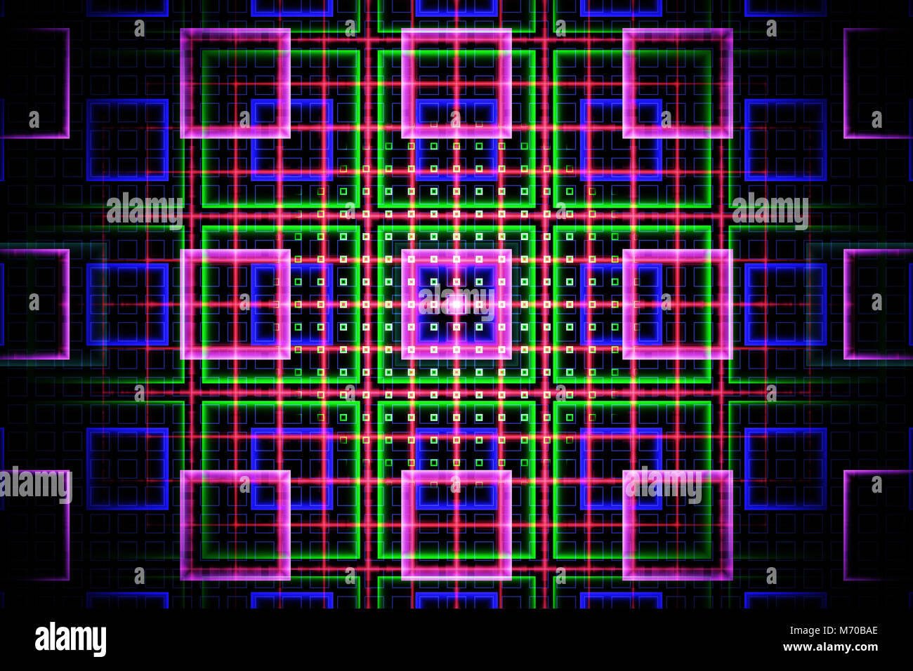 Grille fractale avec des carrés dans les couleurs néon, sur fond sombre Banque D'Images