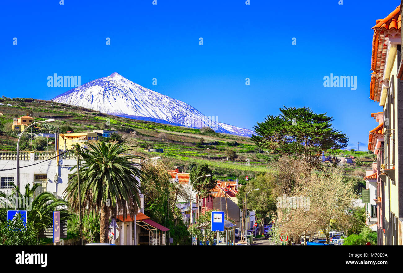 Tacoronte, Tenerife, Canaries, Espagne : côte nord et le sommet du mont Teide-volcan, vu de la rue de l'Icod. Banque D'Images