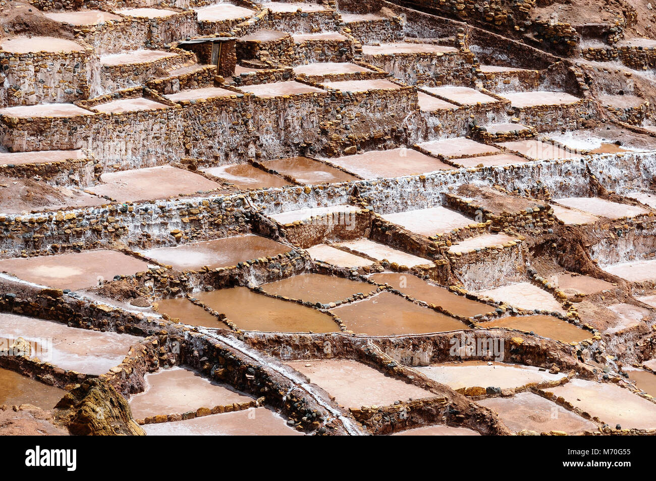 L'extraction de sel traditionnel pré inca casseroles (Salinas) à Vallée sacrée des Incas, le Pérou Banque D'Images