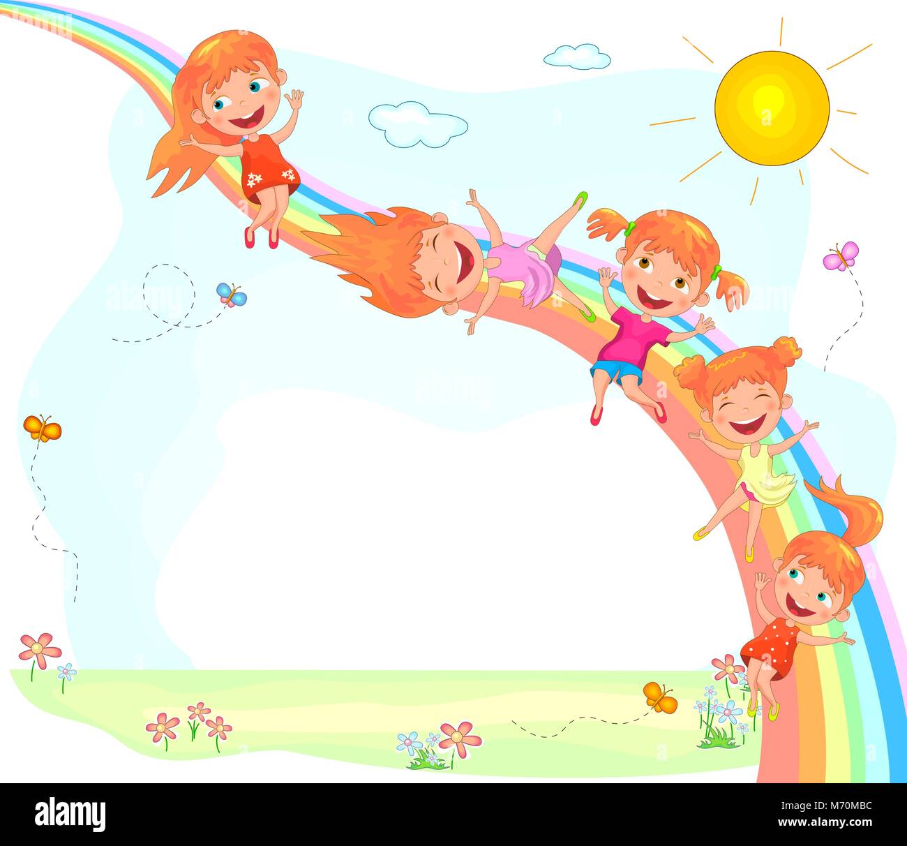 Enfants joyeux et un arc-en-ciel. Peu joyeuse pour descendre l'arc-en-ciel. Funny cartoon enfants jouer sur la nature. Illustration de Vecteur