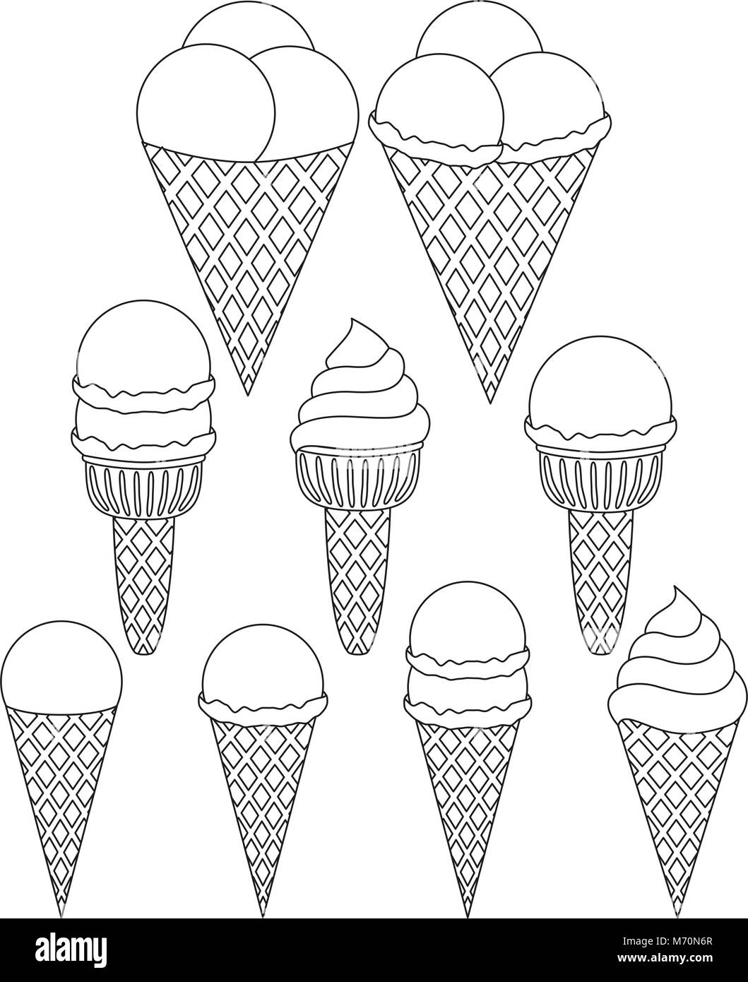 Le noir et blanc Ice cream cone icon set 9 éléments. La page de coloriage pour adultes et enfants. Fast food de l'été illustration vectorielle de la carte cadeau, circulaire, Illustration de Vecteur