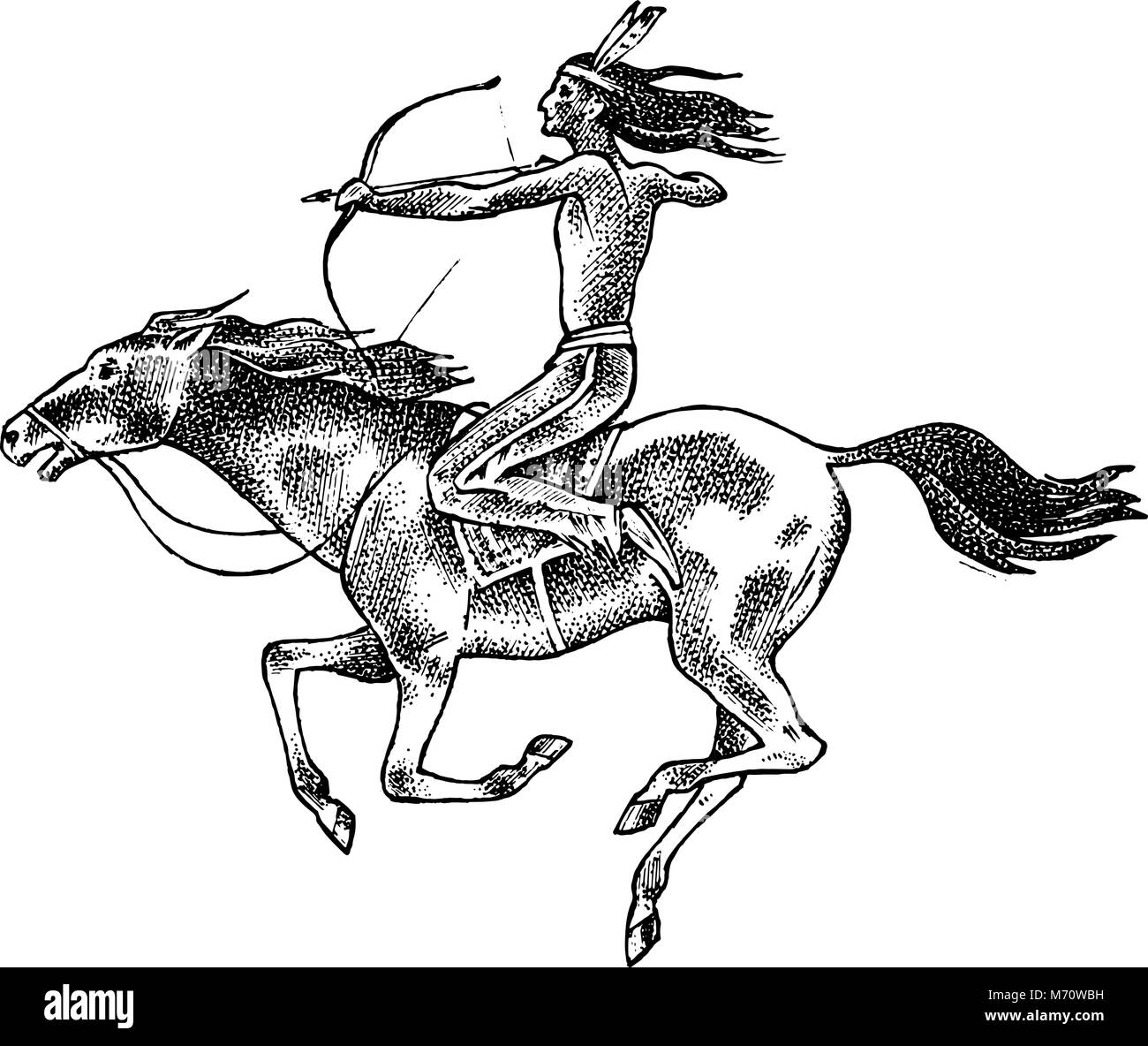 National American Indian équitation cheval avec lance à main.. l'homme traditionnel à la main gravée dans de vieux croquis. Illustration de Vecteur