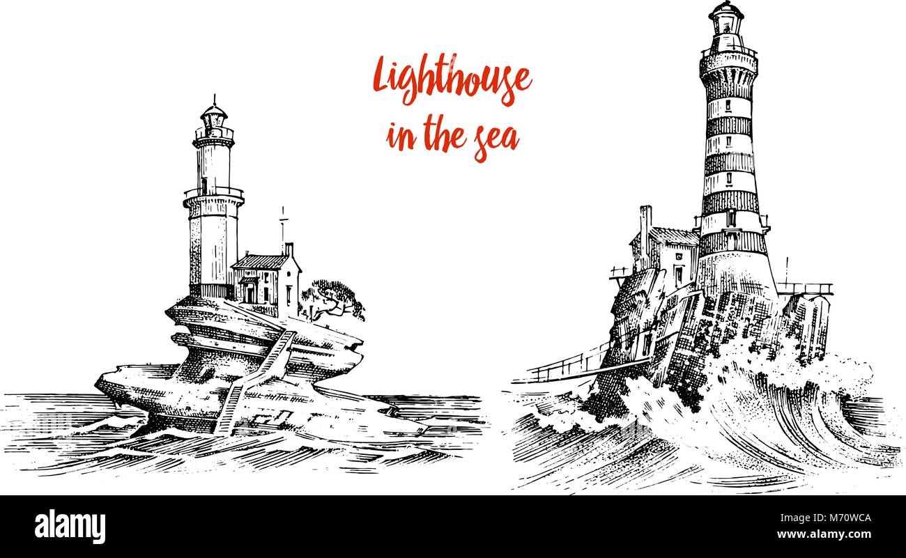 Phare et la mer. Croquis Marine, voyage nautique et du paysage marin. L'éclairage dans l'océan. gravée vintage, faites à la main, raz de marée de l'Atlantique. La navigation pour les bateaux et yachts. Illustration de Vecteur