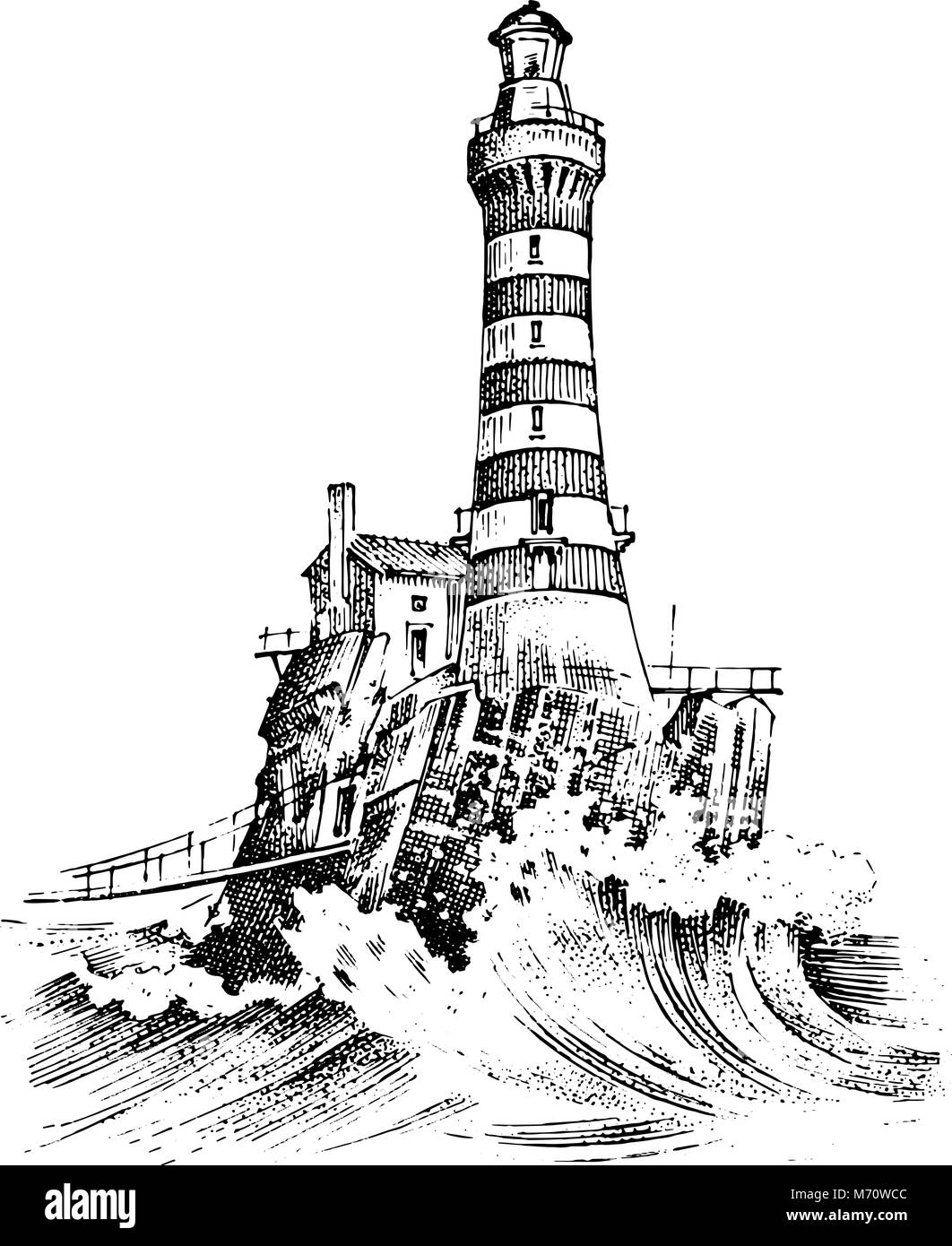 Phare et la mer. Croquis Marine, voyage nautique et du paysage marin. L'éclairage dans l'océan. gravée vintage, faites à la main, raz de marée de l'Atlantique. La navigation pour les bateaux et yachts. Illustration de Vecteur