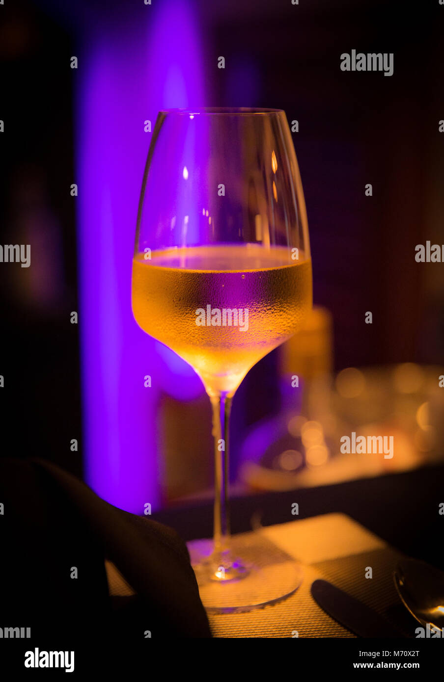 Vin blanc dans un bar faiblement éclairé Banque D'Images