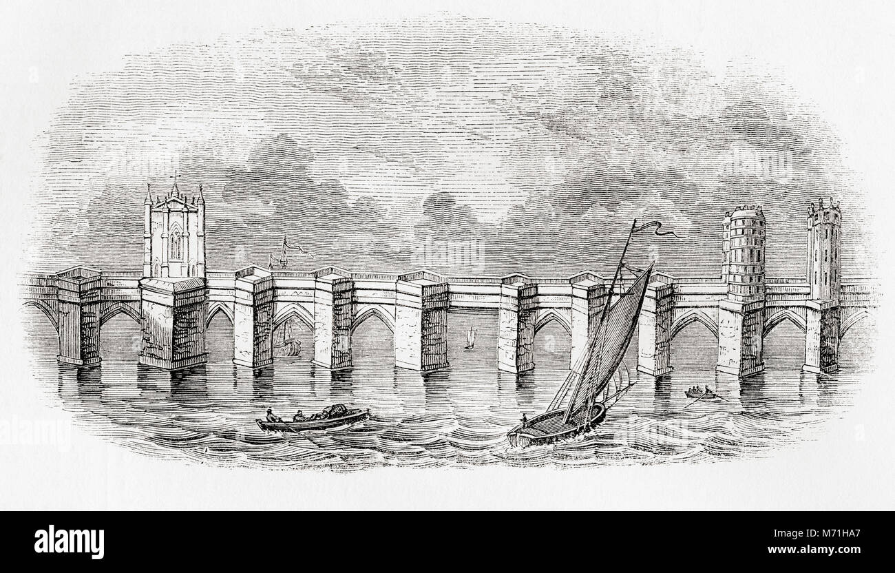 Old London Bridge, Londres, Angleterre en 1209. À partir de la vieille Angleterre : A Pictorial Museum, publié 1847. Banque D'Images