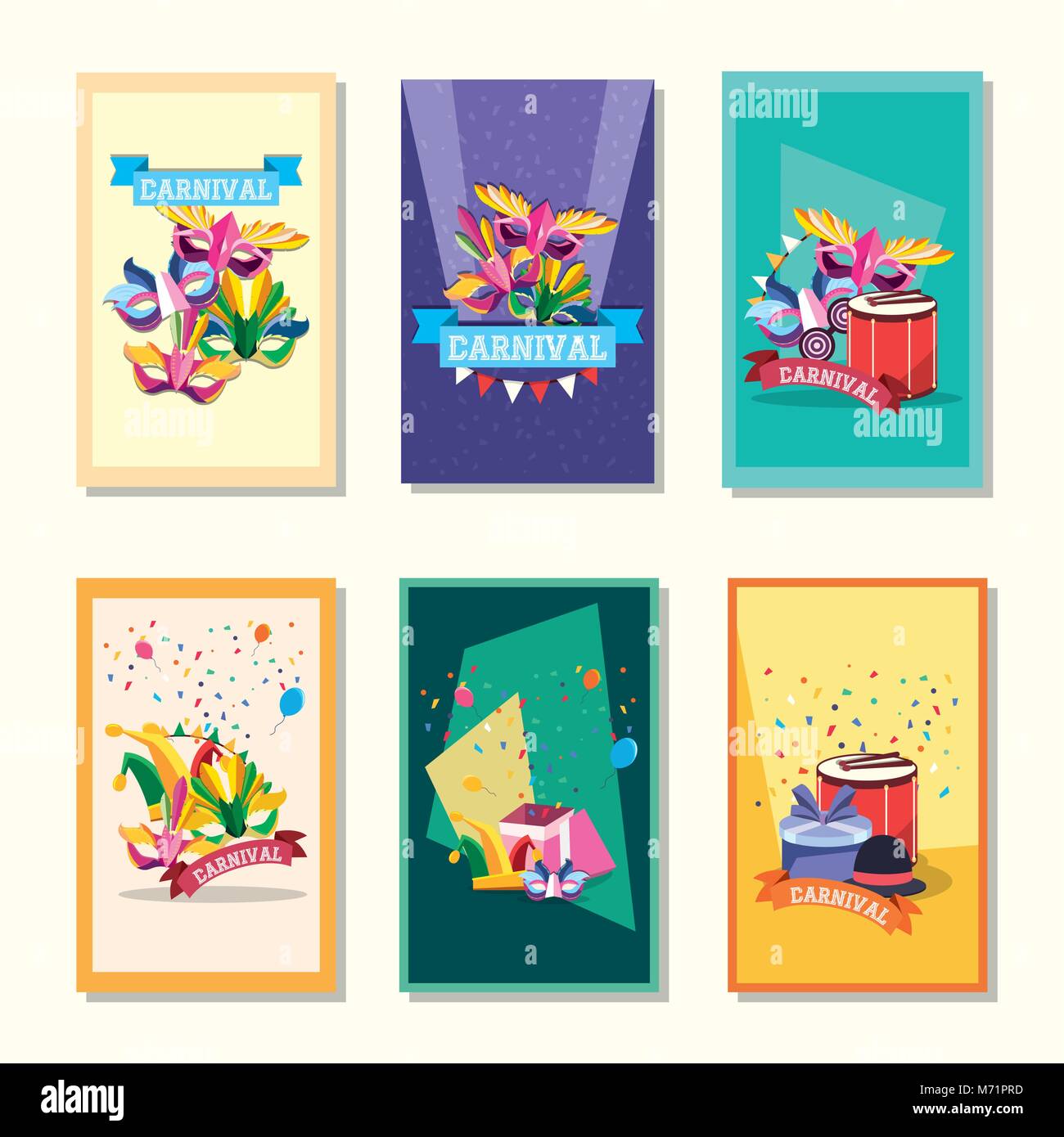 Des cartes cadeaux avec concept carnaval et masques de carnaval, vector illustration Illustration de Vecteur