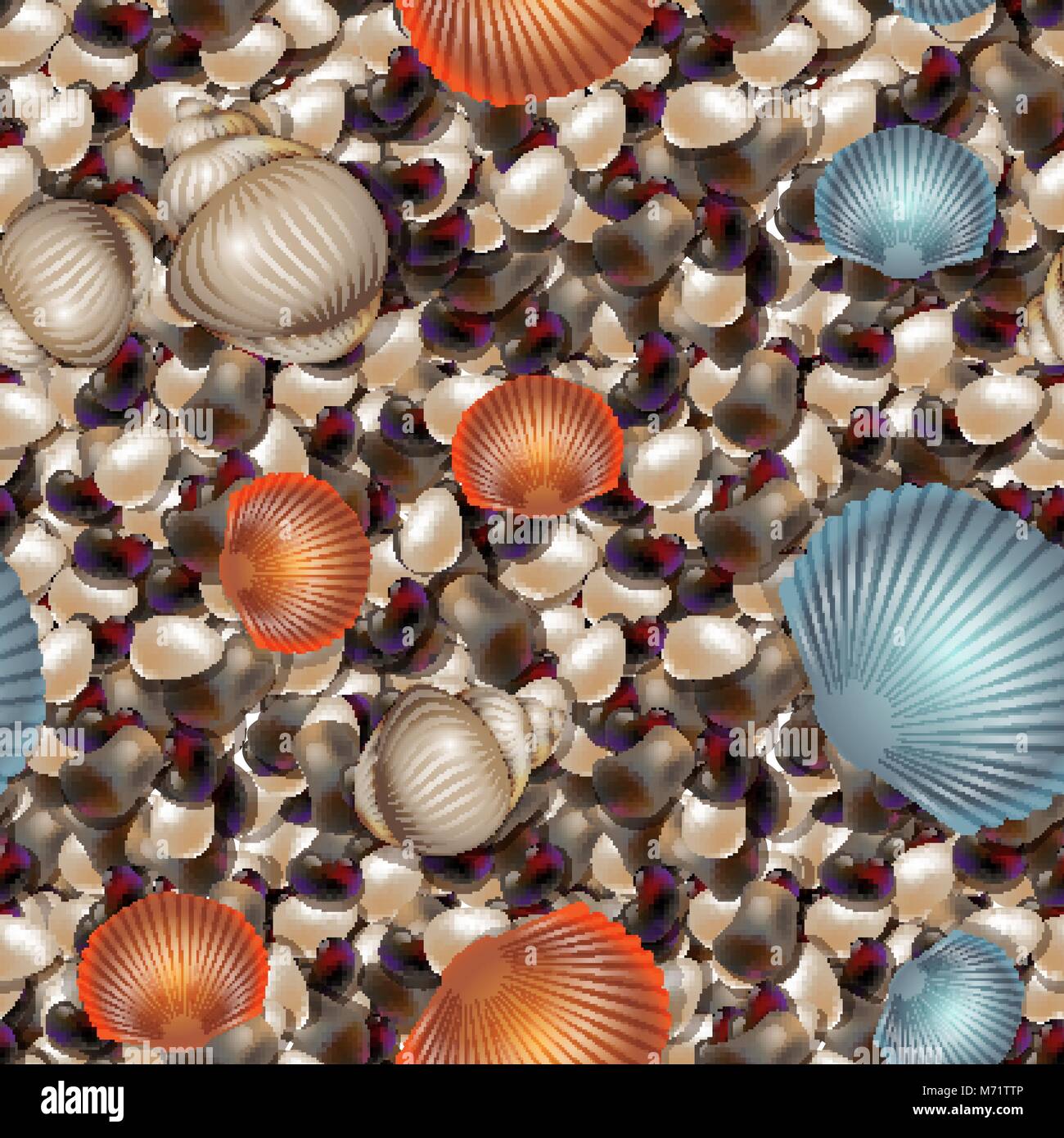 Côte de l'océan avec la mer de couleur des pierres. Galets de mer avec des coquilles modèle homogène de formes différentes. Eps 10 Illustration de Vecteur