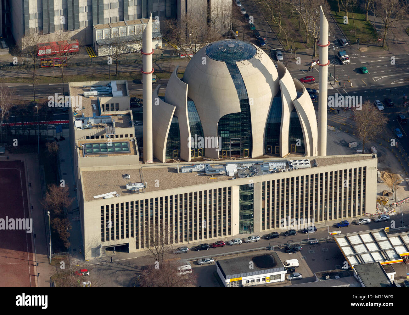 Vue aérienne, la mosquée centrale DİTİB Cologne est une mosquée en construction à Cologne-Ehrenfeld, l'Union européenne Turkish-Islamic de l'Institut de Religion Banque D'Images