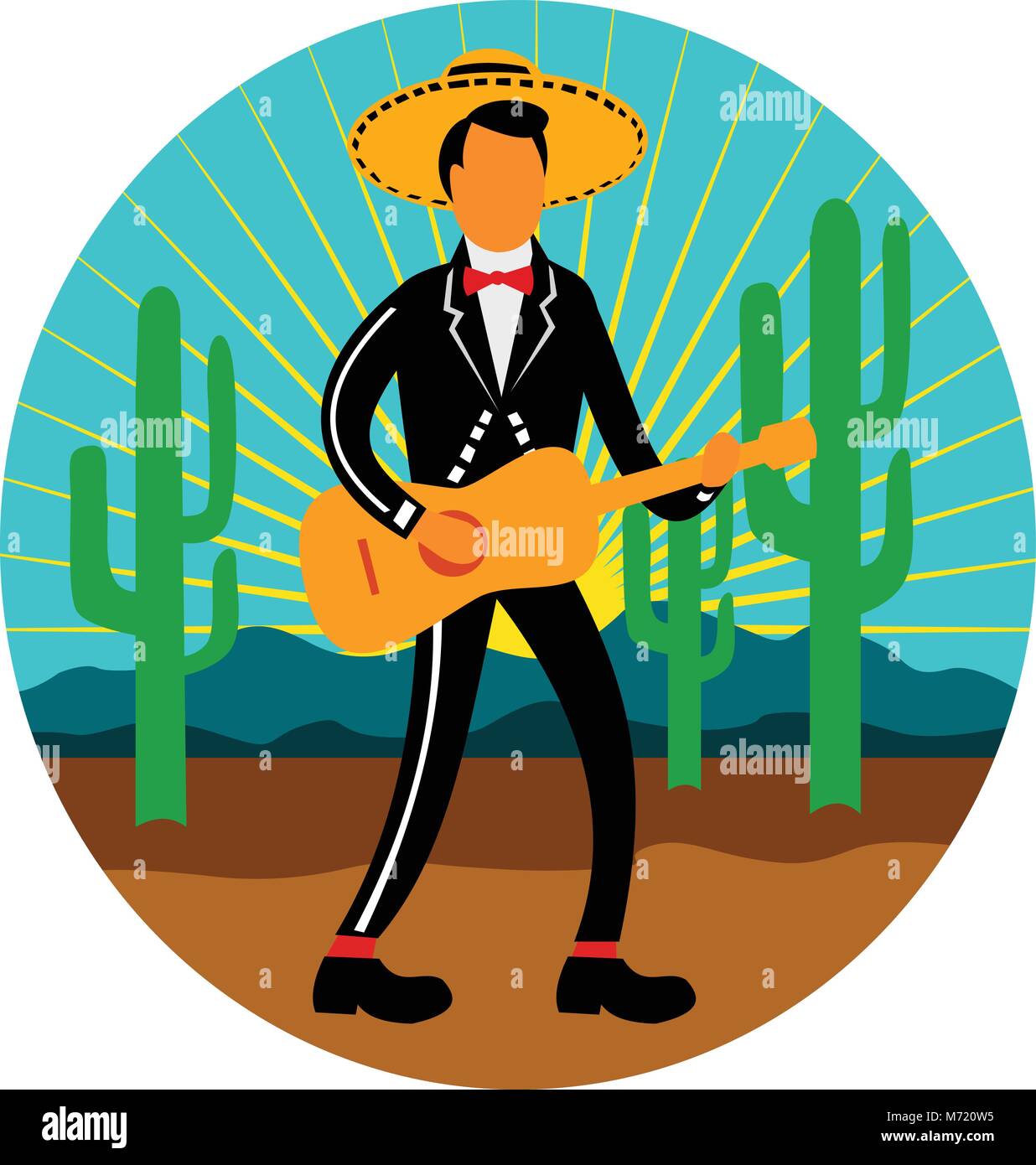 Style rétro icône illustration d'un mariachi mexicain jouant, de gratter la guitare sombrero wearimng dans le désert avec saguaro cactus et les montagnes se Illustration de Vecteur