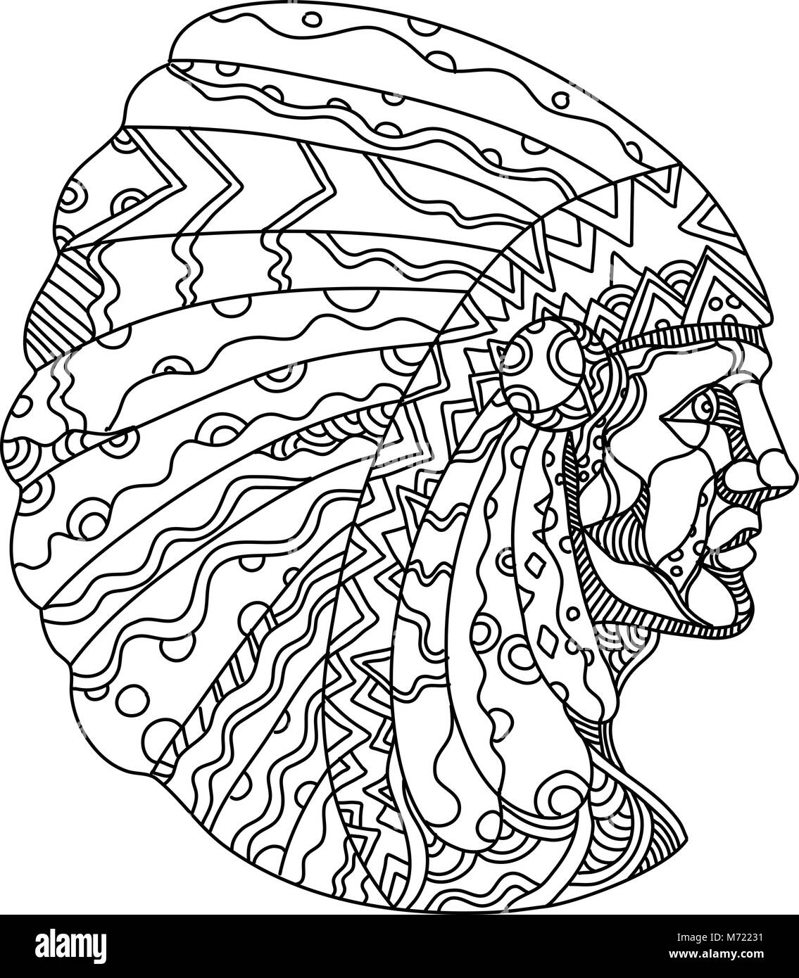 Doodle art illustration d'un Native American, American Indian, indiens ou autochtones, le port américain war bonnet. Illustration de Vecteur