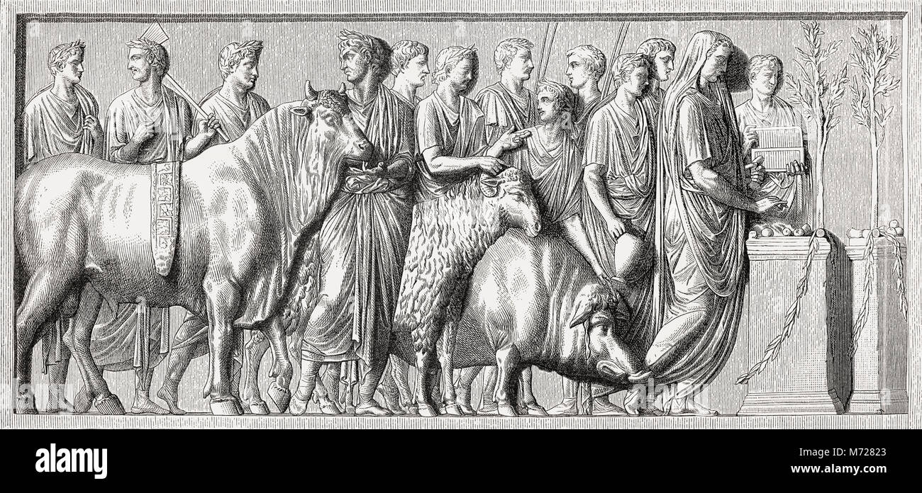 Préparation des sacrifices d'animaux ; fragment d'un soulagement, la Rome antique Banque D'Images