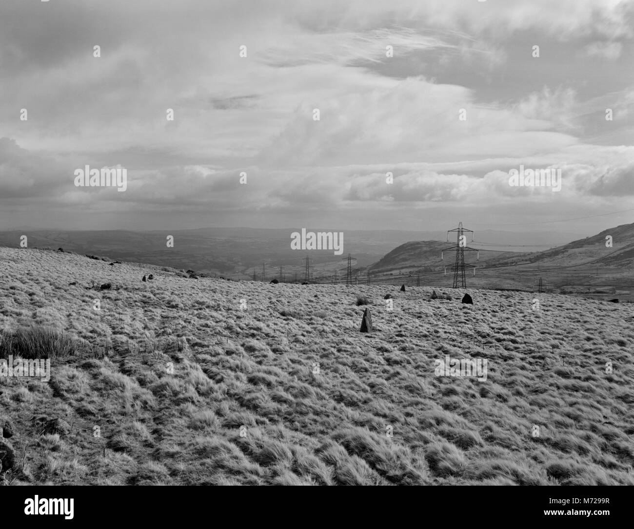 View SE Pryfaid de Cerrig Bronze Age stone circle, Ddeufaen y Bwlch, au nord du Pays de Galles, avec deux pierres périphériques vers le NW (premier plan center & R). Banque D'Images