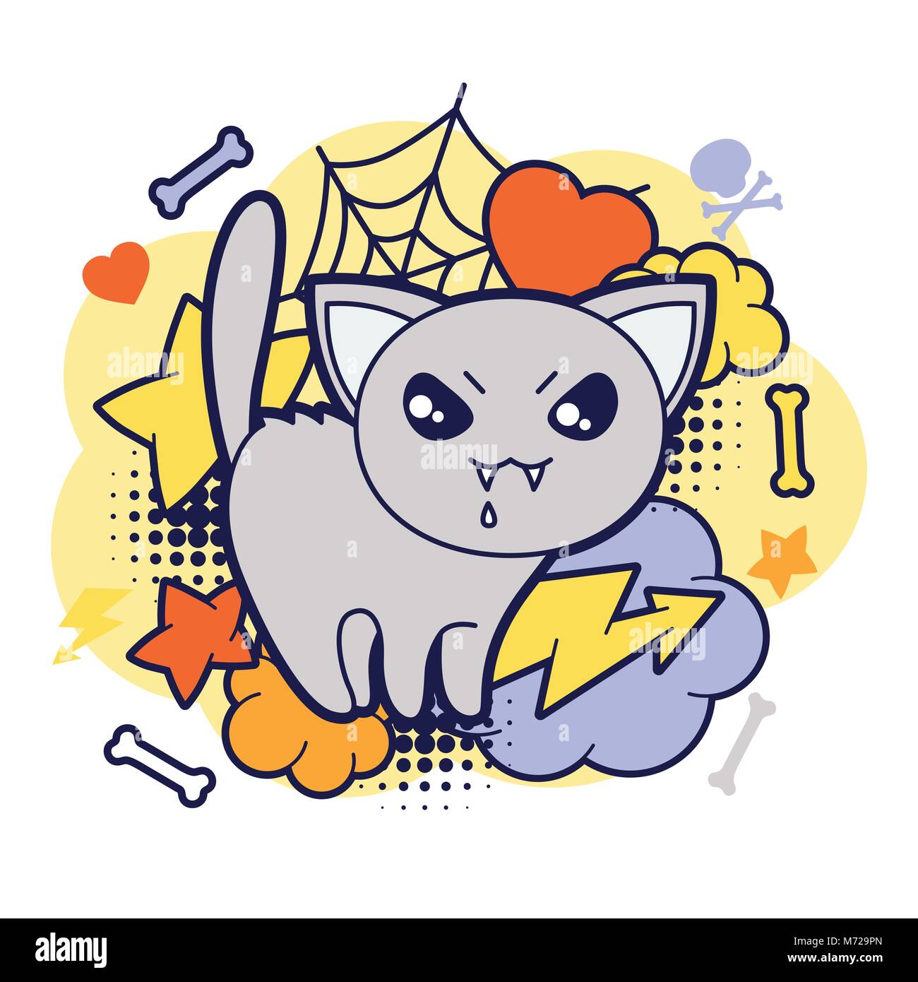 Kawaii Halloween imprimer ou carte avec mignon chat doodle Illustration de Vecteur