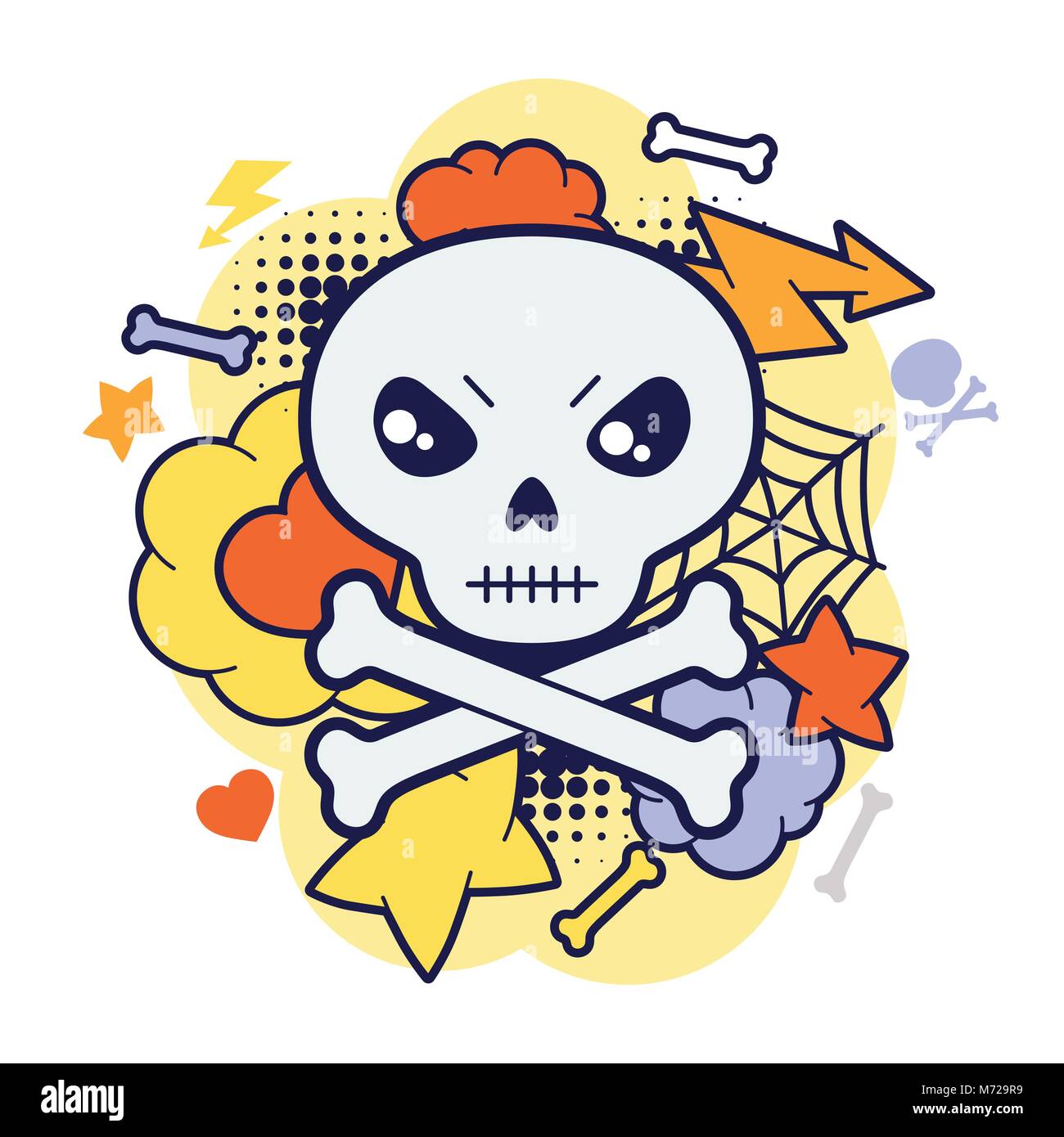Kawaii Halloween imprimer ou carte avec mignon crâne doodle Illustration de Vecteur