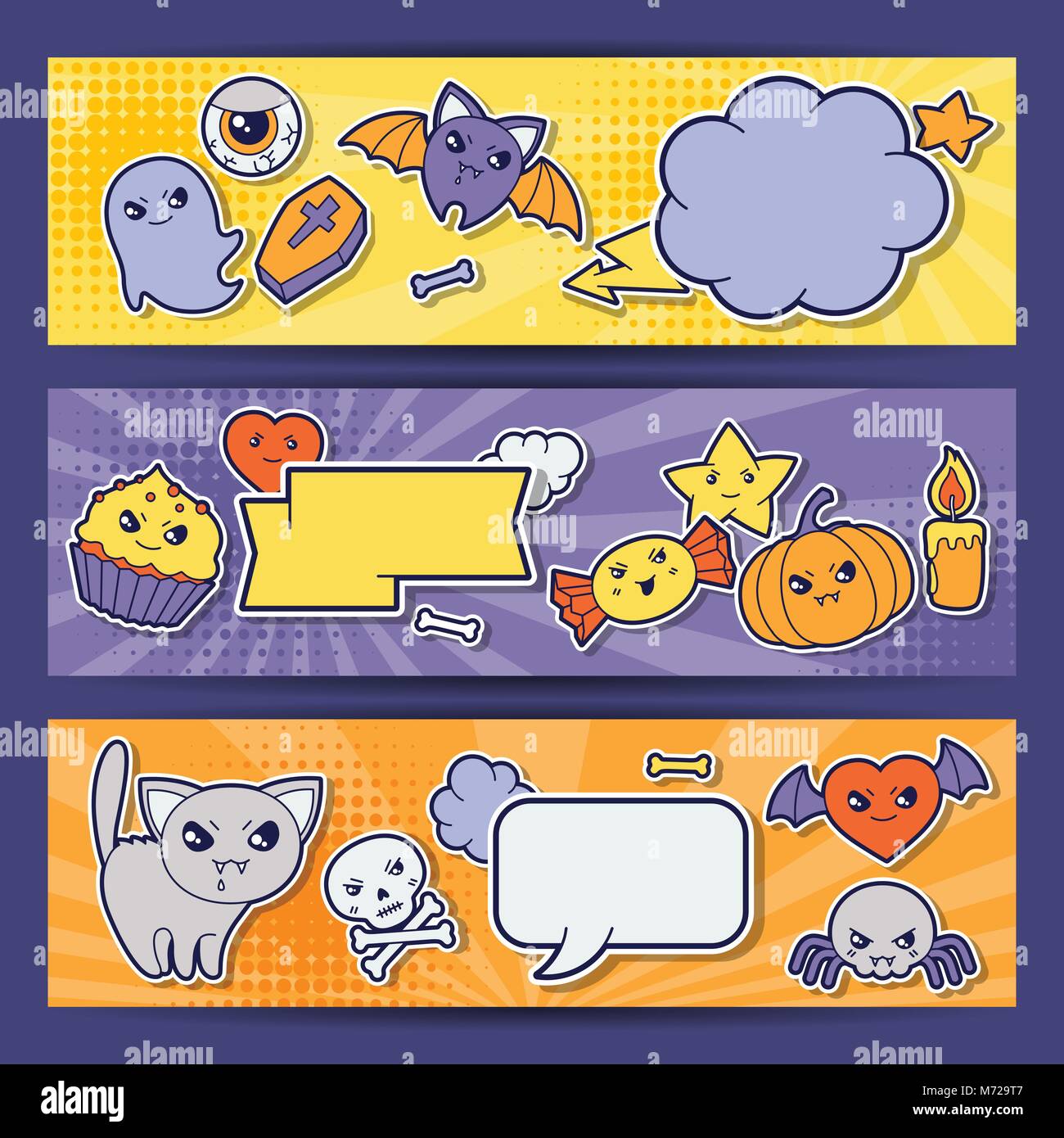 Halloween kawaii cute doodles avec bannières horizontales Illustration de Vecteur