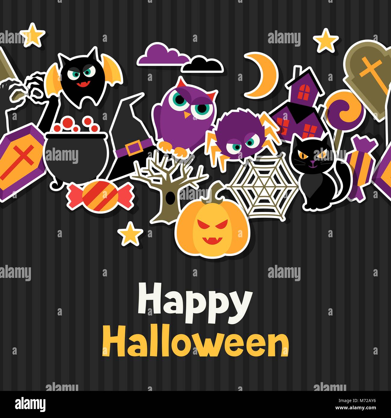 Happy Halloween carte de souhaits avec télévision icônes autocollant Illustration de Vecteur