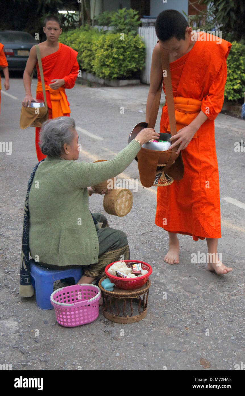 Les moines bouddhistes, collectilg l'aumône à l'aube à Luang Prabang au Laos Banque D'Images