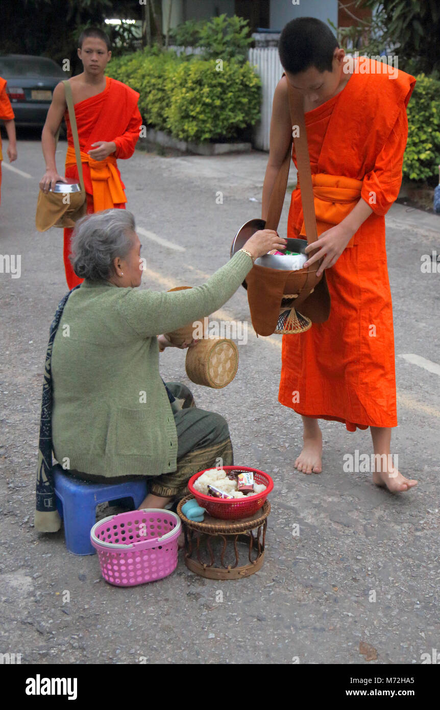 moines bouddhistes collectant l'aumône au lever du jour à luang prabang laos Banque D'Images