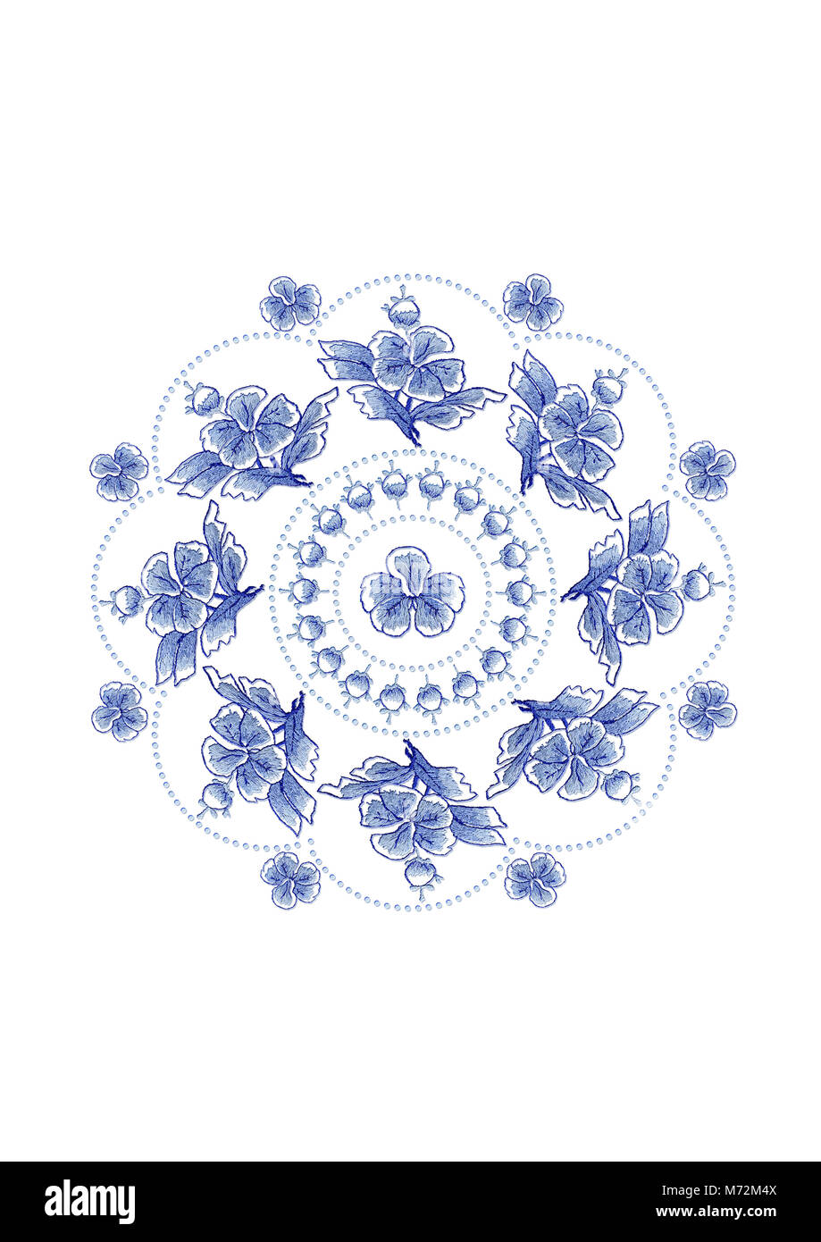 Modèle de cadre de perles ondulées bleuâtre pour serviette de table brodé avec des fleurs bleues et feuilles sur fond blanc Banque D'Images