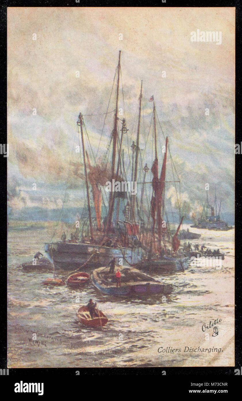 L'image montre des collisionneurs, des navires spécialement conçus pour transporter du charbon, déchargeant leur cargaison. Cette scène reflète le commerce du charbon et les activités maritimes associées au transport maritime de l'ère industrielle. Banque D'Images