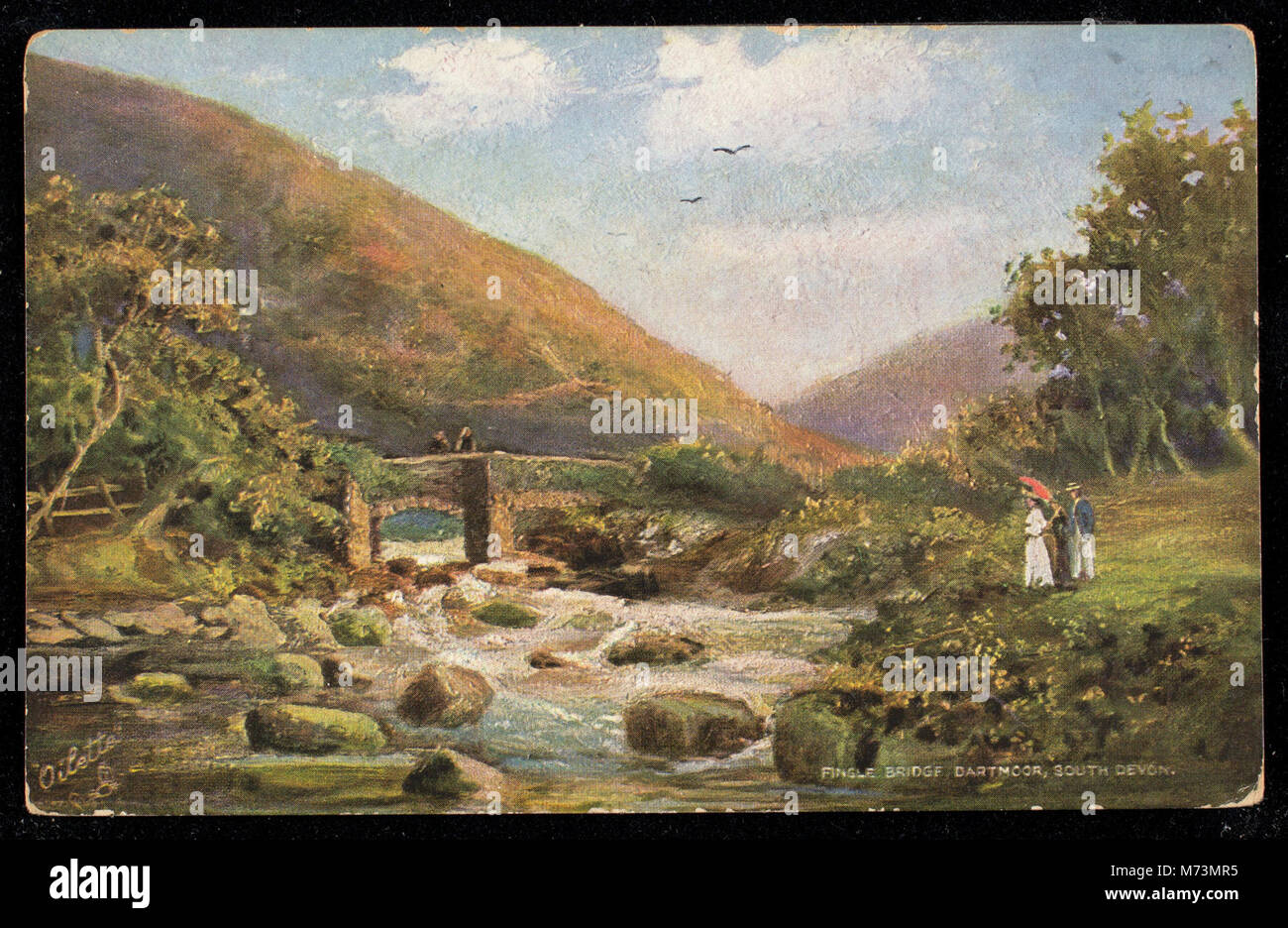 Le pont de Fingle à Dartmoor, dans le sud du Devon, présente le pont de pierre emblématique dans un paysage rural de l'Angleterre. Banque D'Images
