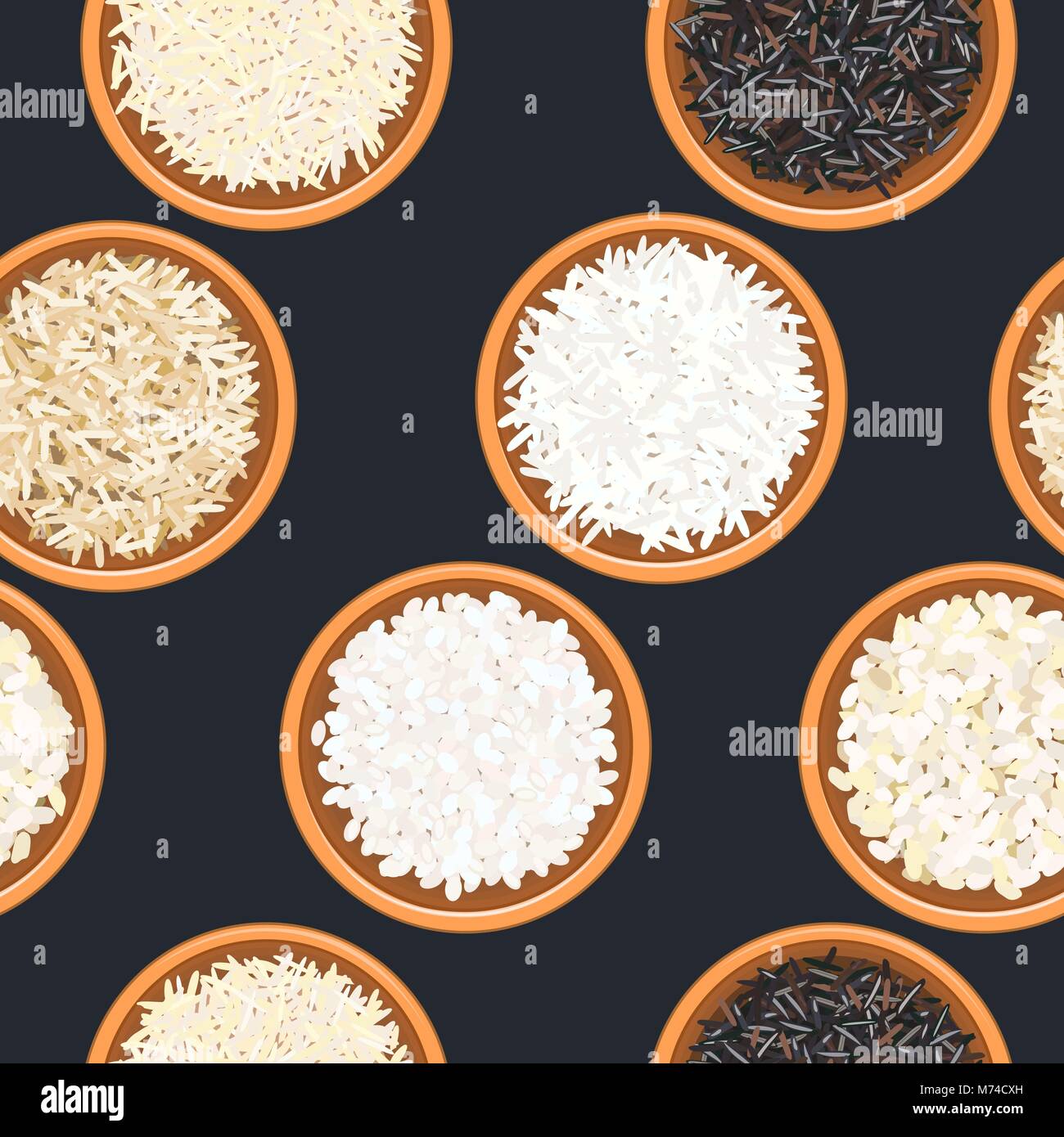 Différents types de riz dans des bols sur fond de bois foncé. transparente. Le Basmati, sauvage, long, brun, arborio sushi. Illustration de Vecteur
