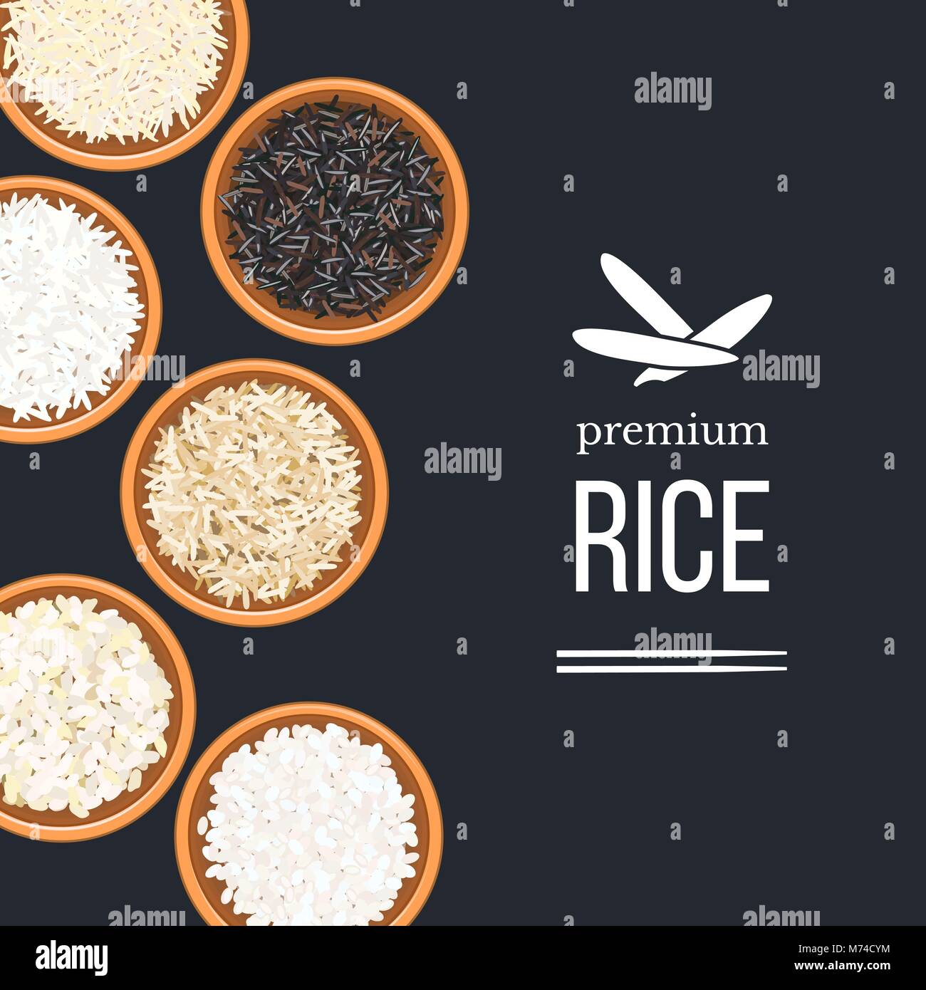 Différents types de riz dans les assiettes et bols sur arrière-plan foncé. haut de la vue. Le Basmati, sauvage, long, brun, arborio sushi. Illustration de Vecteur