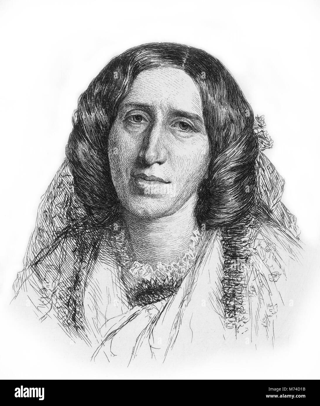 George Eliot (Mary Anne Evans - 1819-1880). Portrait de la romancière anglaise, gravure par Paul-Adolphe Rajon, après F W Burton. Banque D'Images