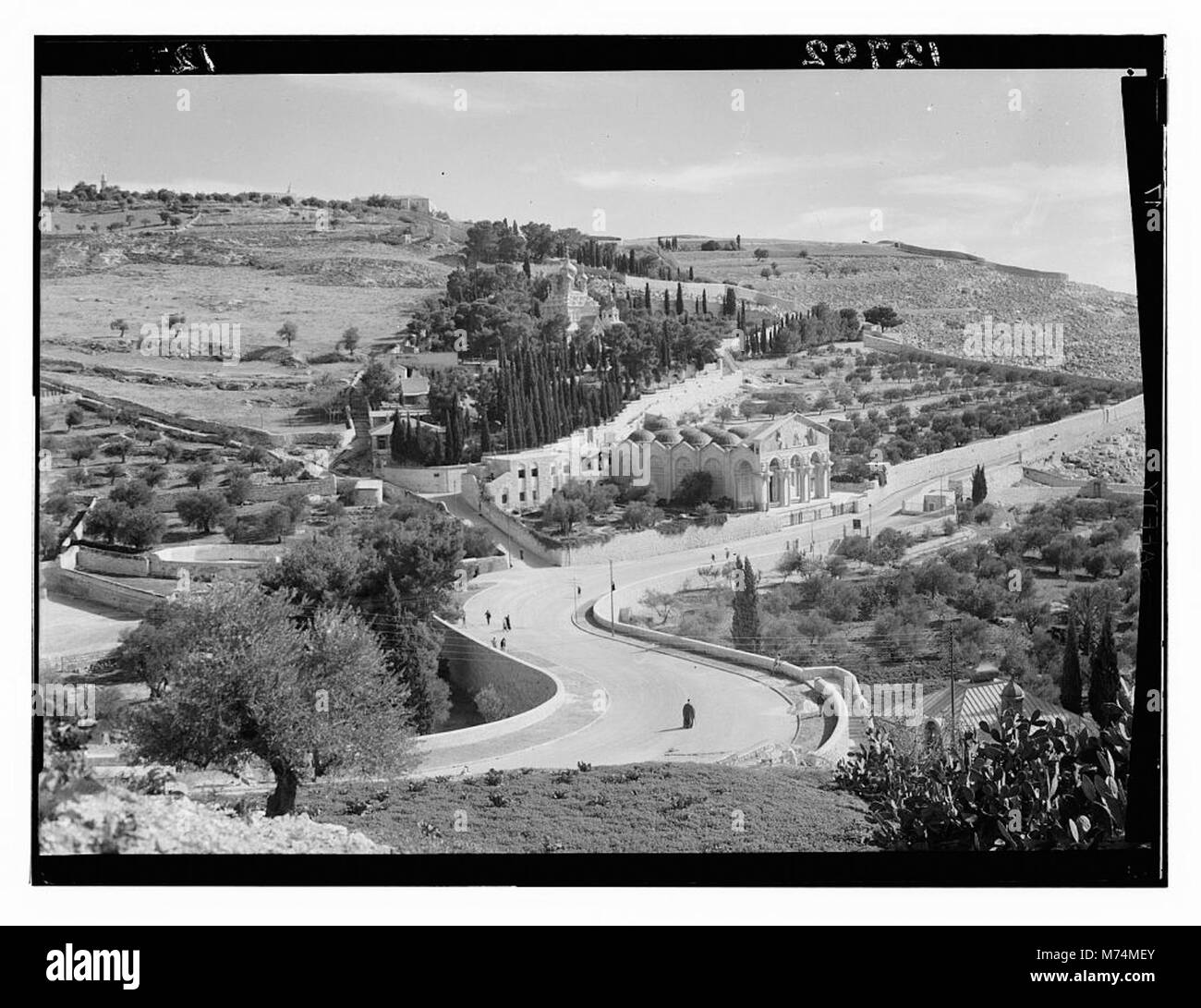 Cette image montre le jardin de Gethsémani et les pentes du mont Olivet, avec une nouvelle route visible dans le paysage. La région est importante pour sa valeur religieuse et historique. Banque D'Images