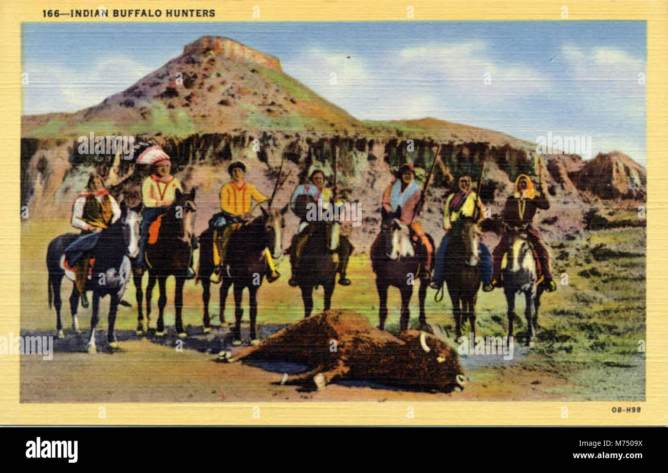 Une image représentant des chasseurs de bisons indiens, montrant les pratiques de chasse traditionnelles des tribus amérindiennes dans les grandes Plaines. Banque D'Images