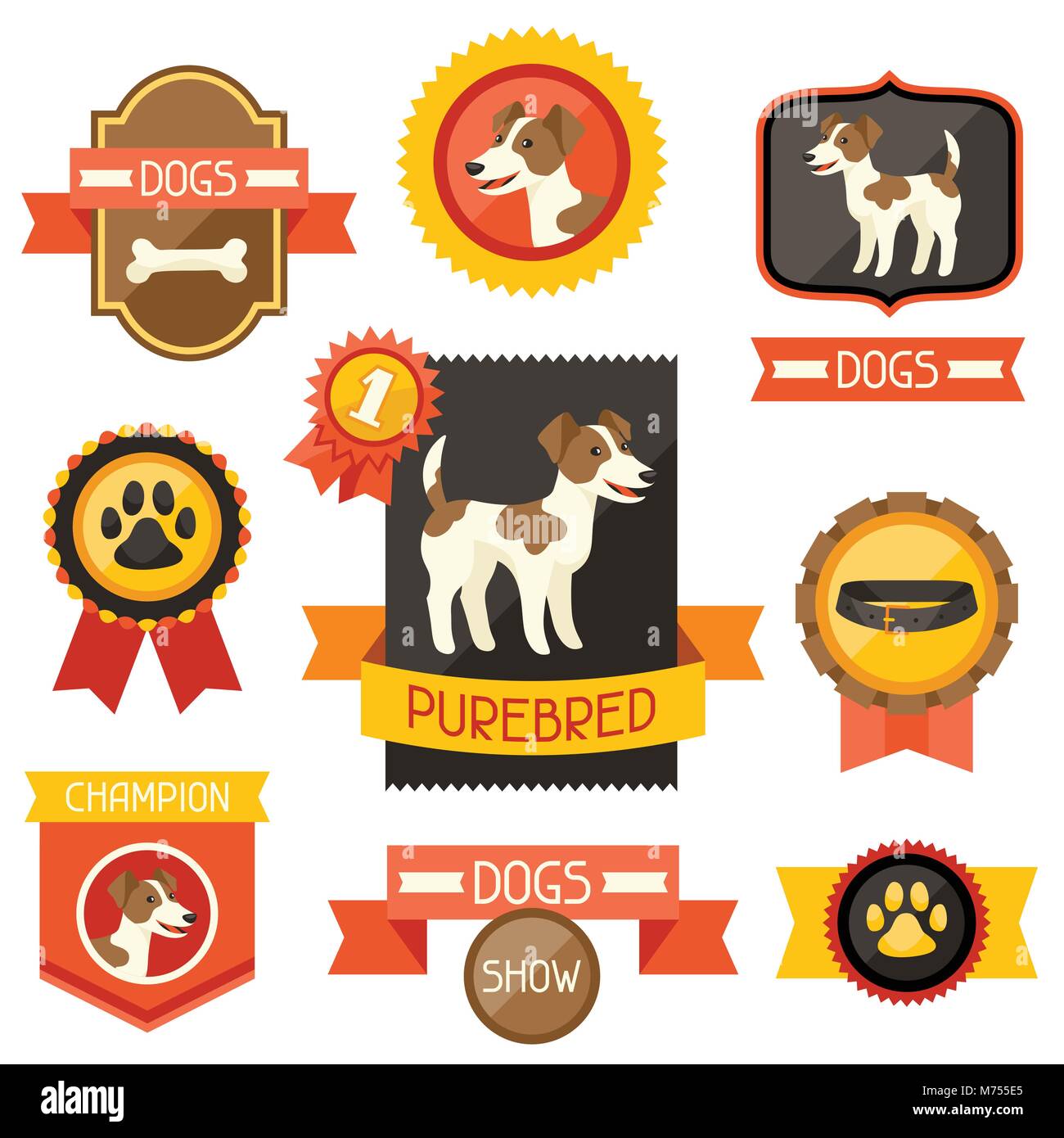 Badges, étiquettes, rubans avec chiens mignon, icônes et d'objets Illustration de Vecteur