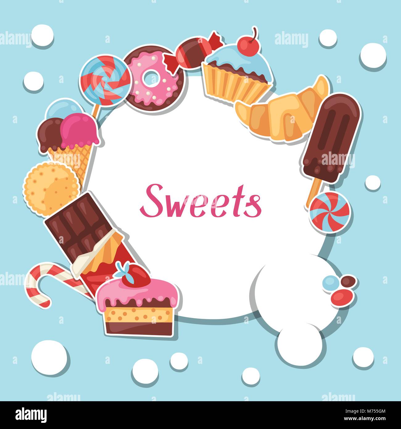 Arrière-plan avec autocollant coloré bonbons, gâteaux et bonbons Illustration de Vecteur