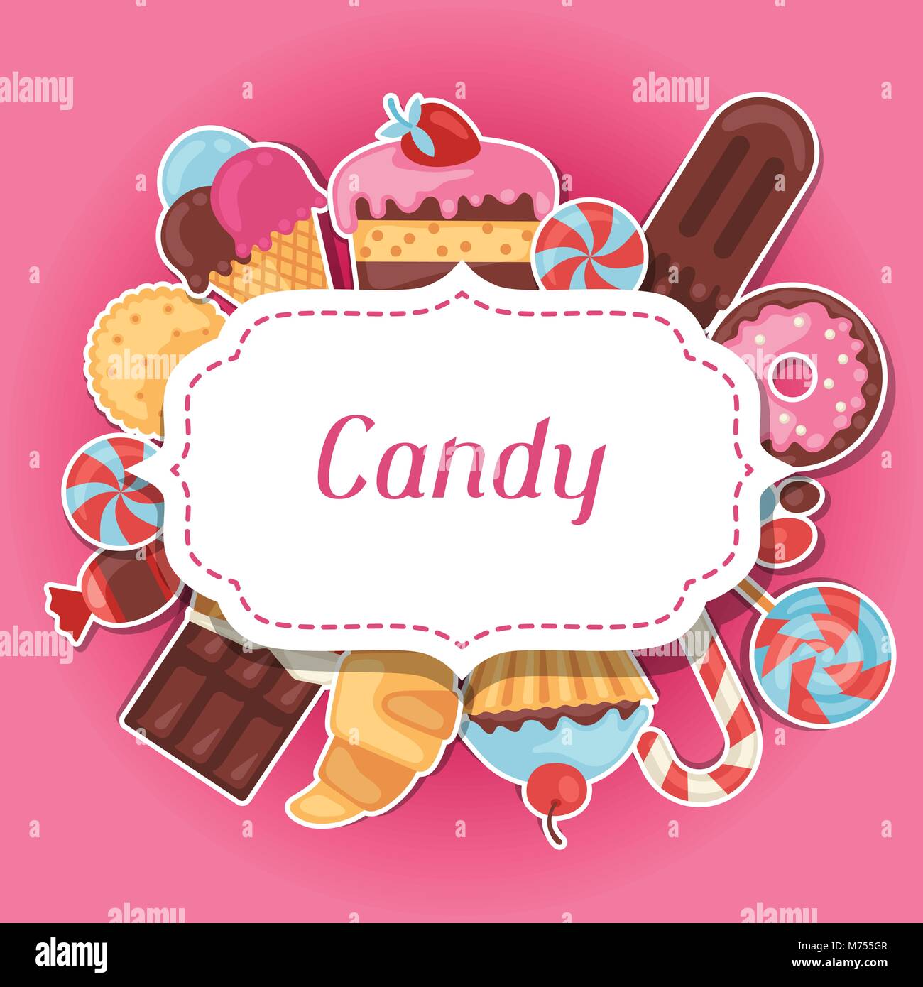 Arrière-plan avec autocollant coloré bonbons, gâteaux et bonbons Illustration de Vecteur
