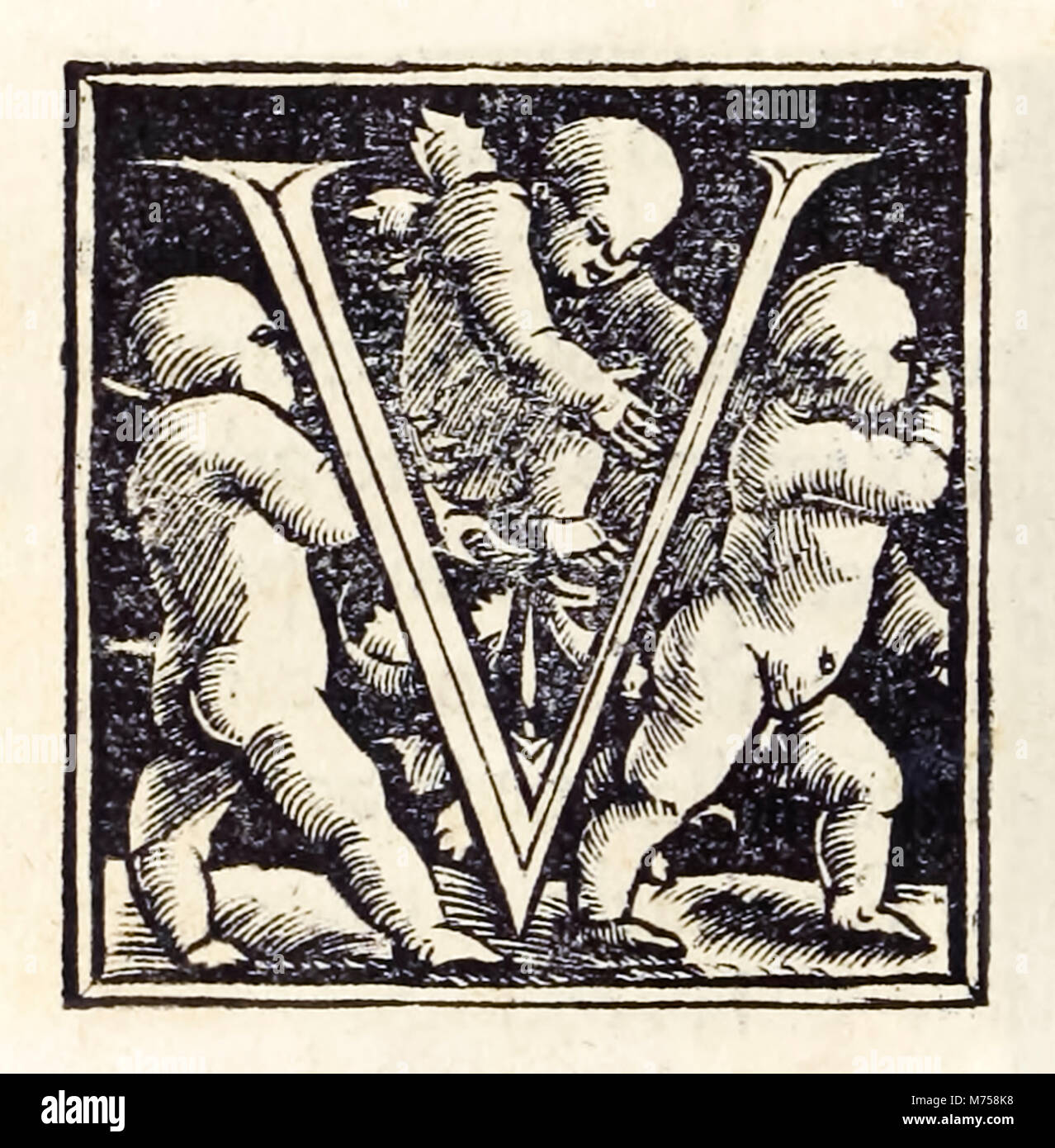 Allumé en 'V' de la troisième édition de Bâle 1518 'Utopia' par Sir Thomas More (1478-1535) d'abord publié en 1516. Gravure sur bois par Hans Holbein le Jeune (c.1497-1543). Voir plus d'informations ci-dessous. Banque D'Images