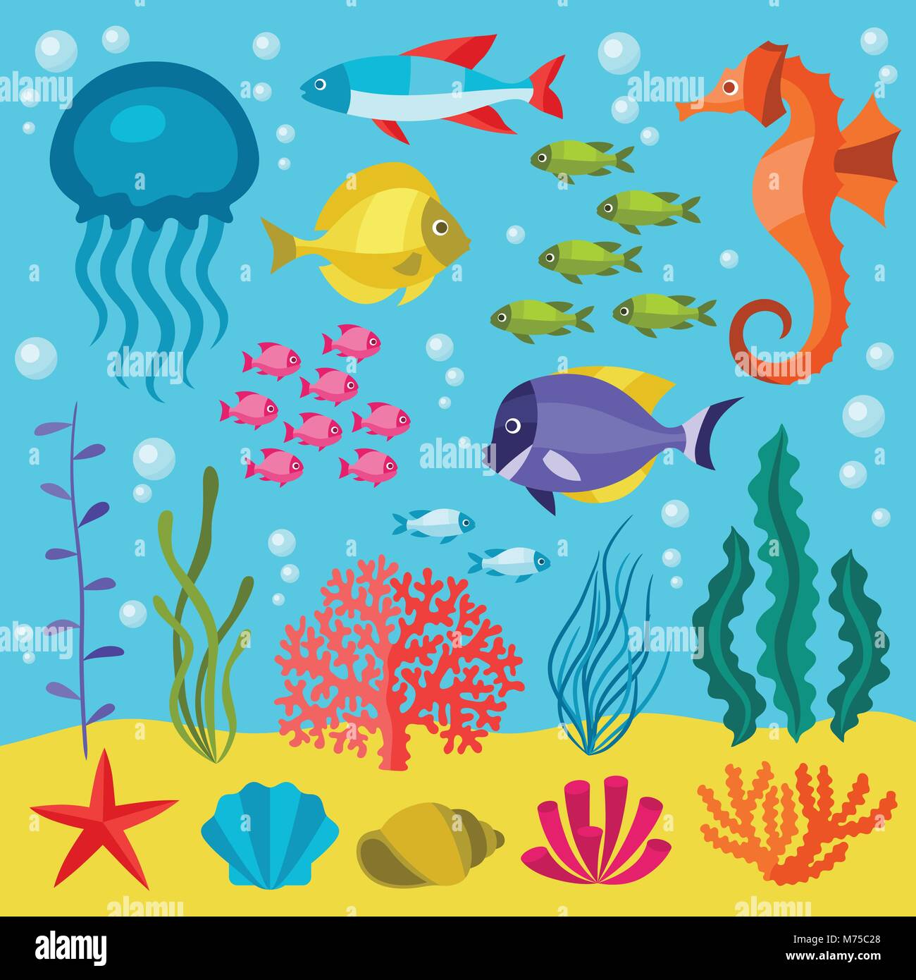 La vie marine ensemble d'icônes, d'objets et d'animaux de la mer Illustration de Vecteur