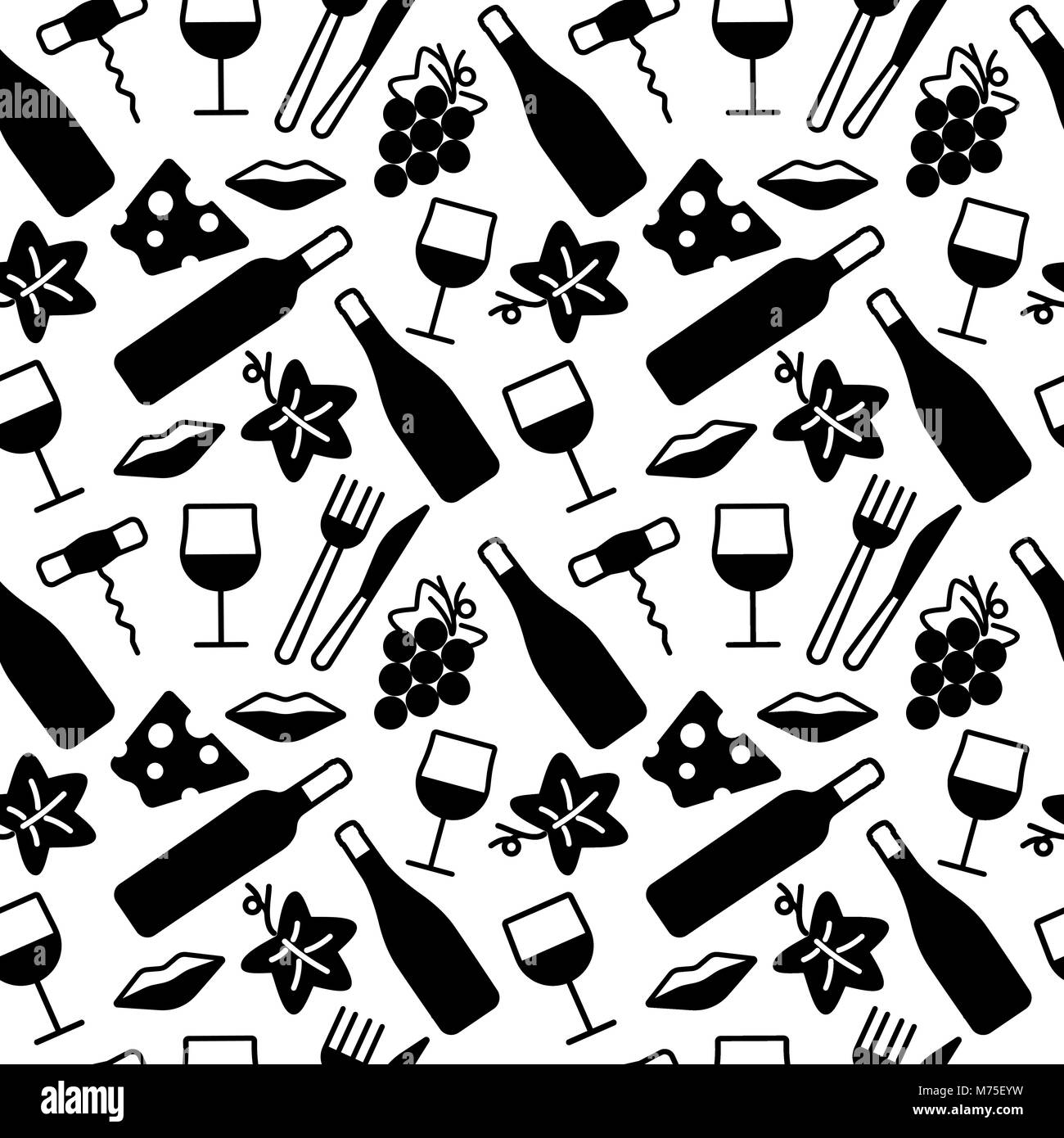 Modèle sans couture avec du vin et de la nourriture des icônes. Arrière-plan de cartes, décoration, spéciaux, web, bannières et modèles liés au vin. Vector illustration. Illustration de Vecteur
