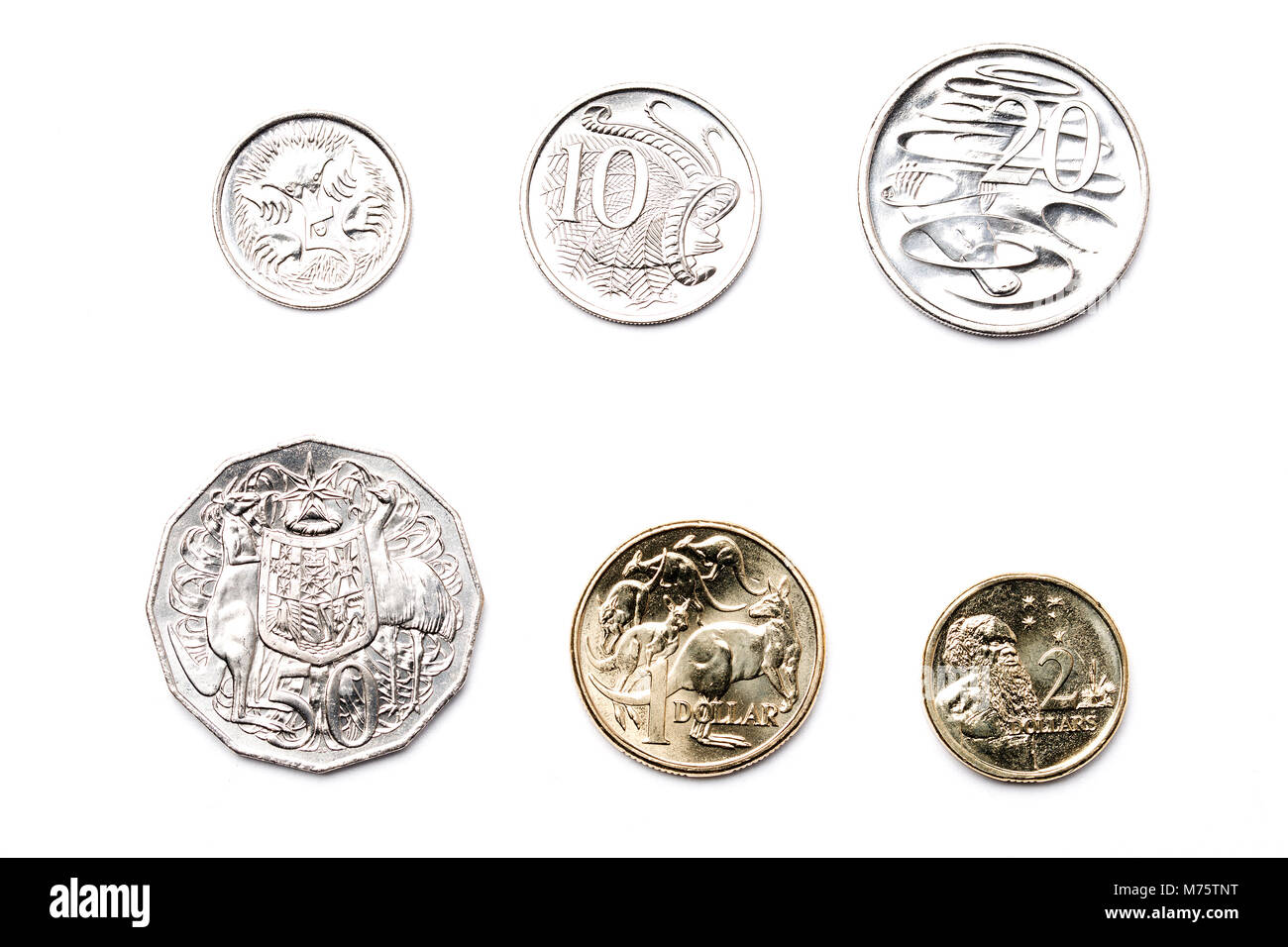 Pièces de monnaie australienne sur un fond blanc Banque D'Images